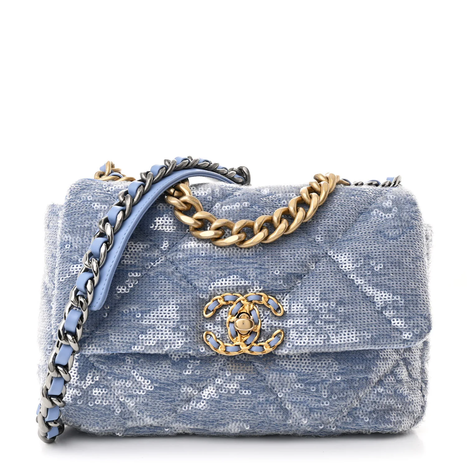 Sequin Quilted Medium Chanel 19 Flap Light Blue