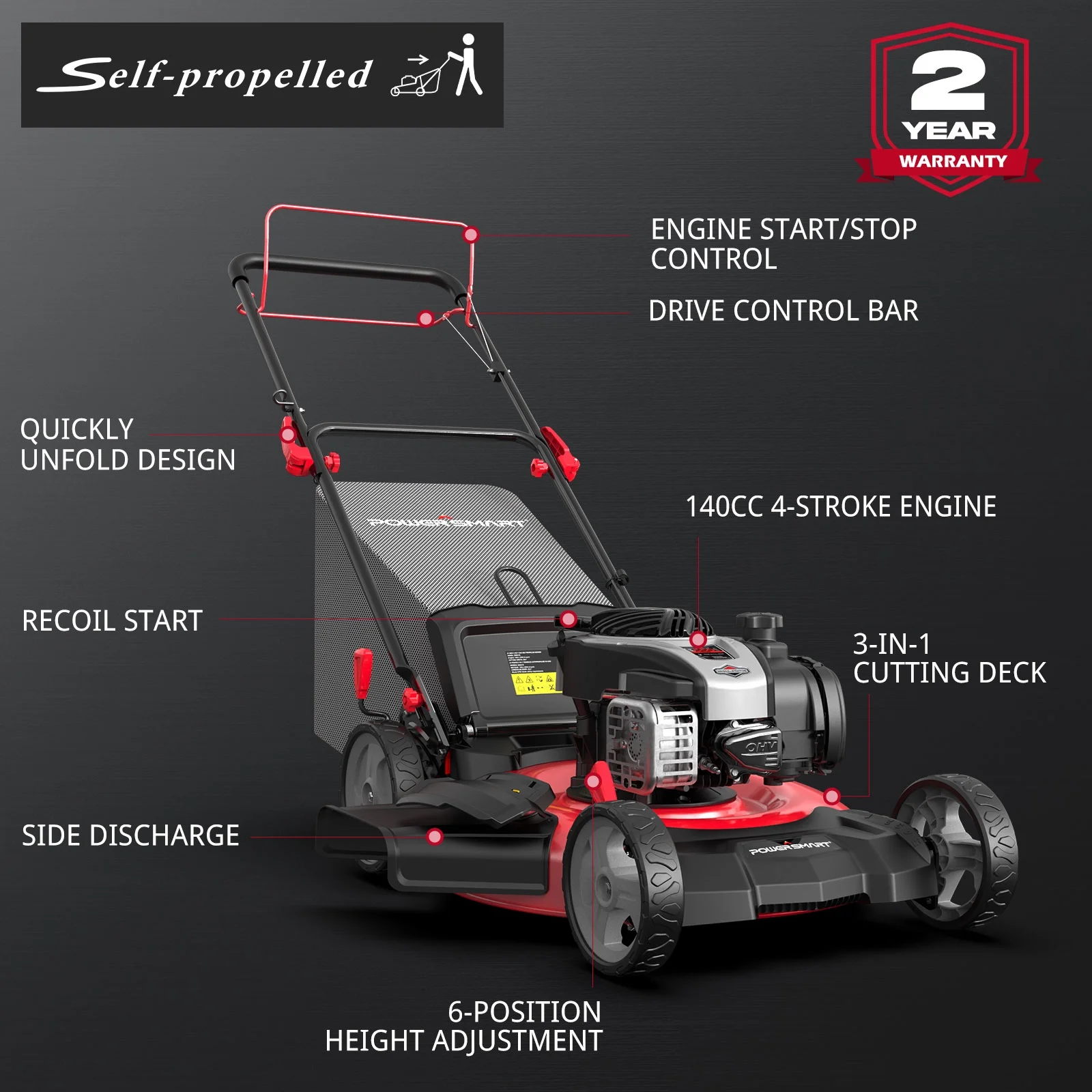 3-in-1 Gas Powered Self-Propelled Lawn Mower with 140CC Engine 22-inch,6-Position Height Adjustment - Image 2
