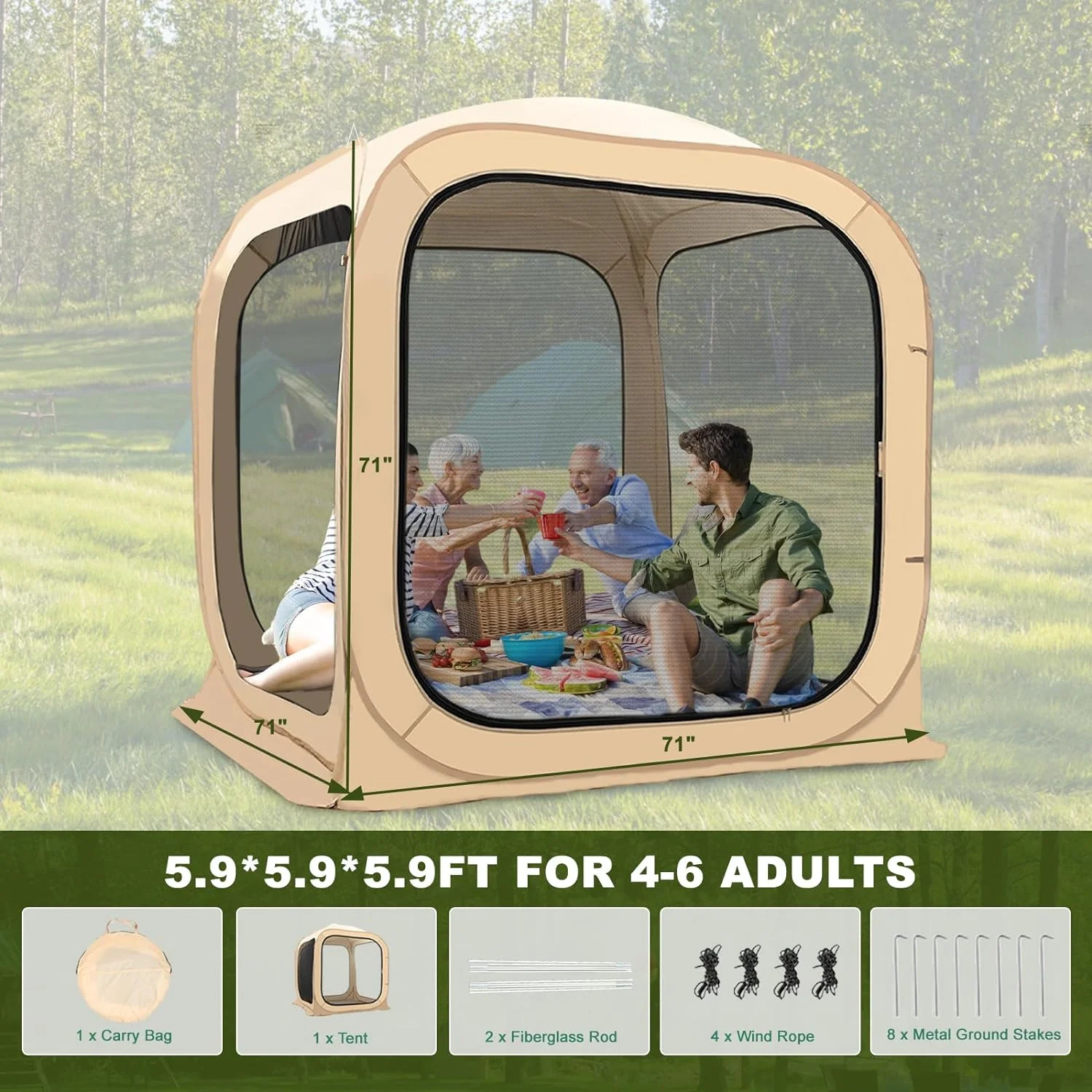 Sports Tent Pop up Weather Pod Outdoor Screen House Pod Tent Shelter for up to 6 People, 71in Large Instant Weatherproof Pop up Tent with Clear View for Camping(Mesh/71" x 71" x 71") - Image 6