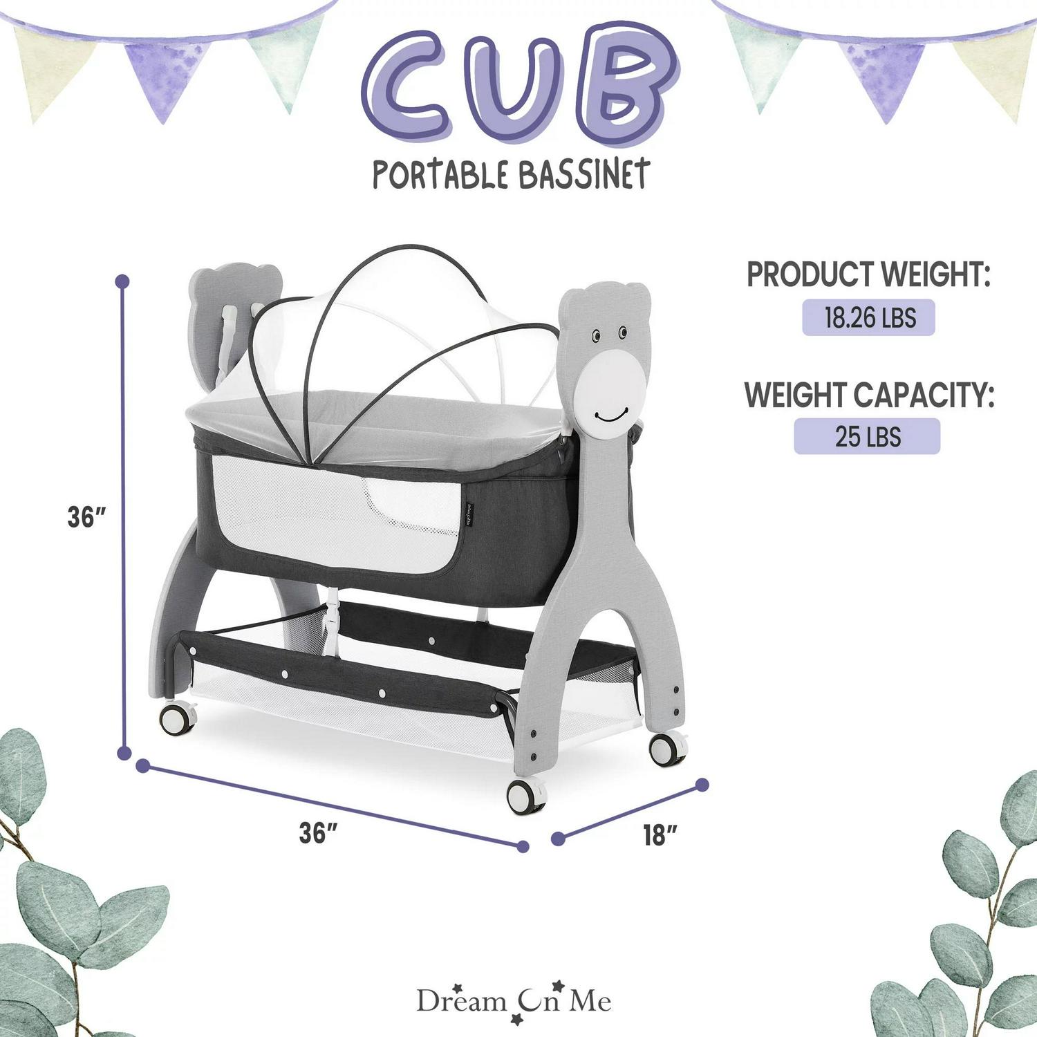 Dream on Me Cub Portable Bassinet in Dark Grey. Multi - Use Baby Bassinet with Locking Wheels