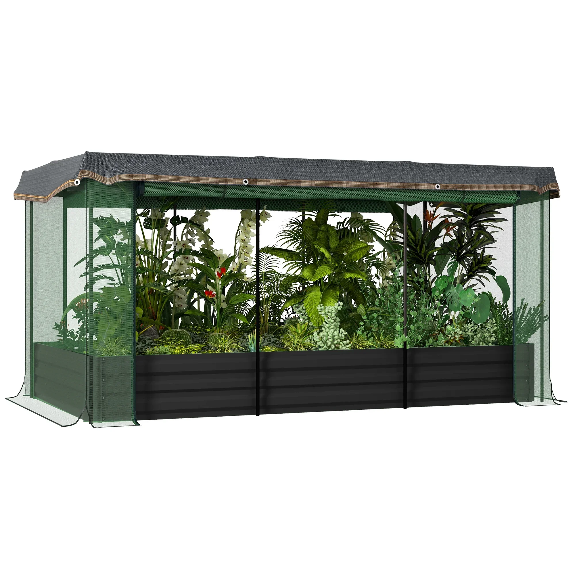 Outsunny Galvanized Raised Garden Bed with Crop Cage & Shade Cloth, Beige