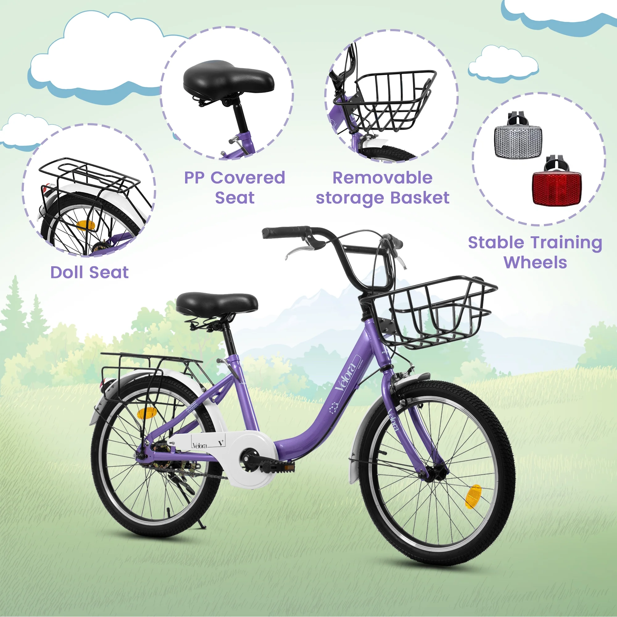 20 Inch Kids Bike for Boys Girls, 1 Speed Children Bicycle with Basket, Rear Seat, Chain Guard, Coaster Brake and V-Brake, Steel Frame Kids Bike for Ages 6-12 Years Old Birthday Gift, Purple(Purple) - Image 6