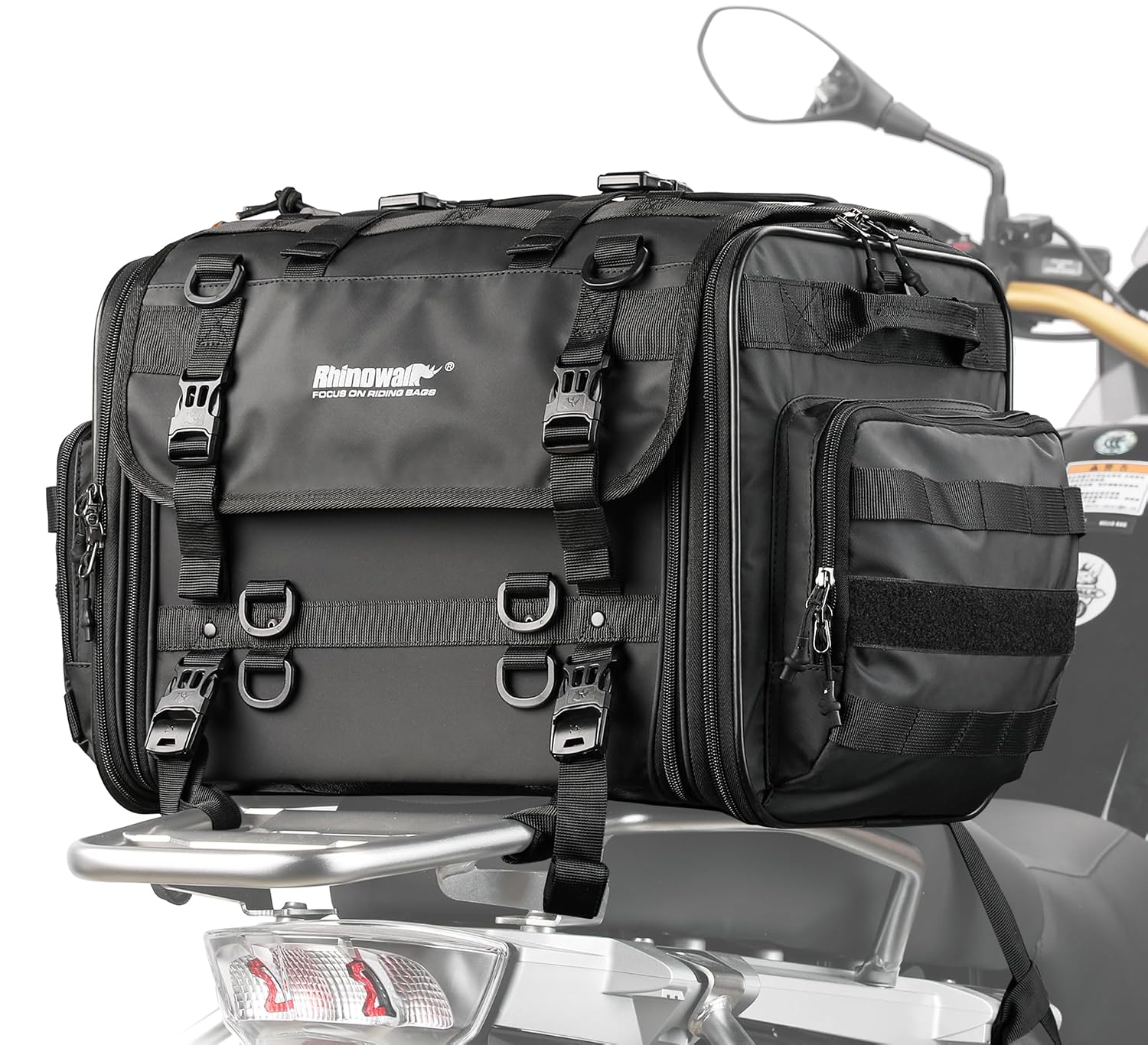 Rhinowalk Motorcycle Tail Bag, Expandable Motorcycle Travel Luggage Bags 60L, Waterproof All-Weather Trunk Rack Bag with Sissy Bar Straps & Helmet Rain Cover-Black