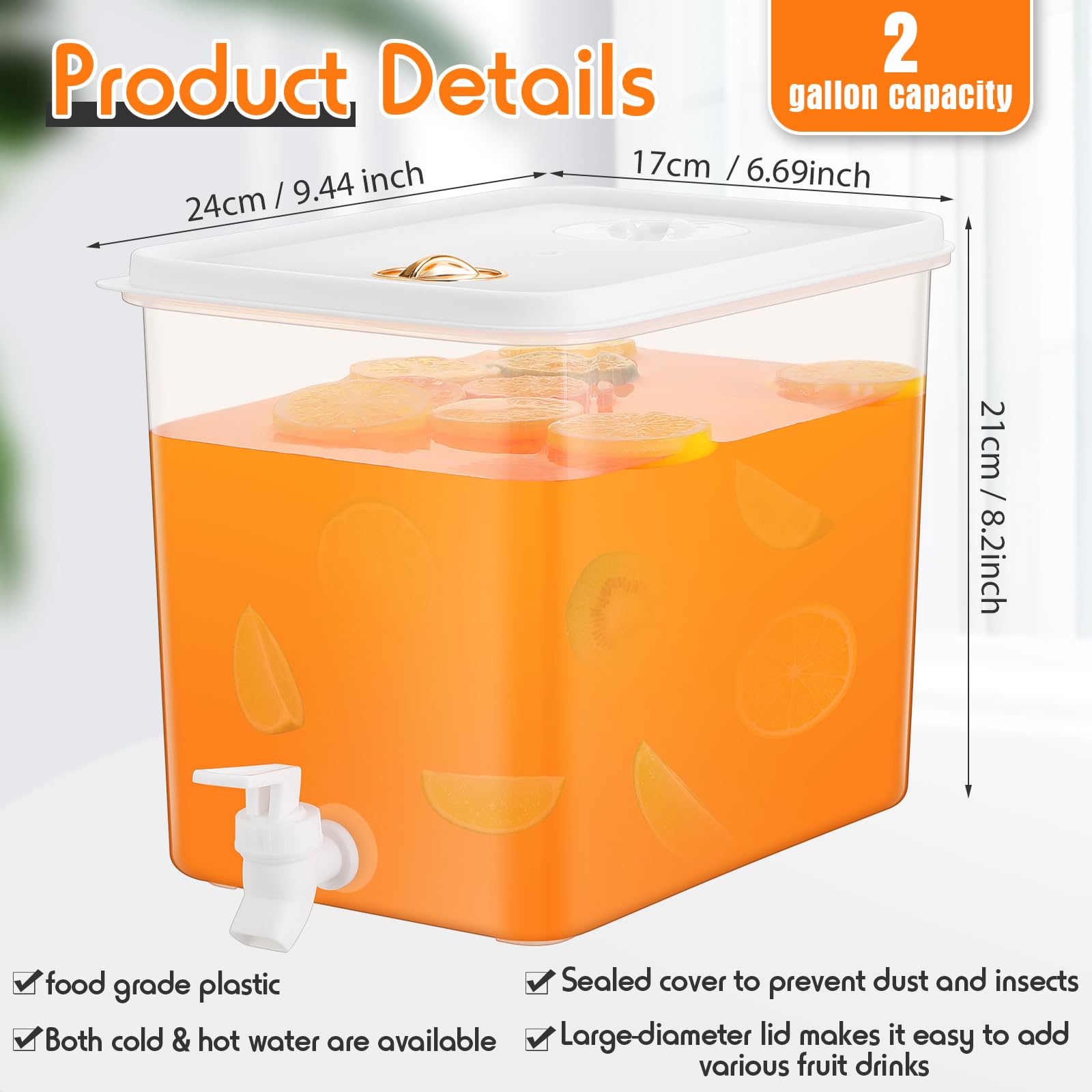 8 Pack 2 Gallon Drink Dispenser for Fridge with Spigot Water Dispenser Leak Proof Lids Filter Screen Beverage Juice Container Sealed Plastic Lemonade Milk Cold Hot Drink Tea Jug for Party