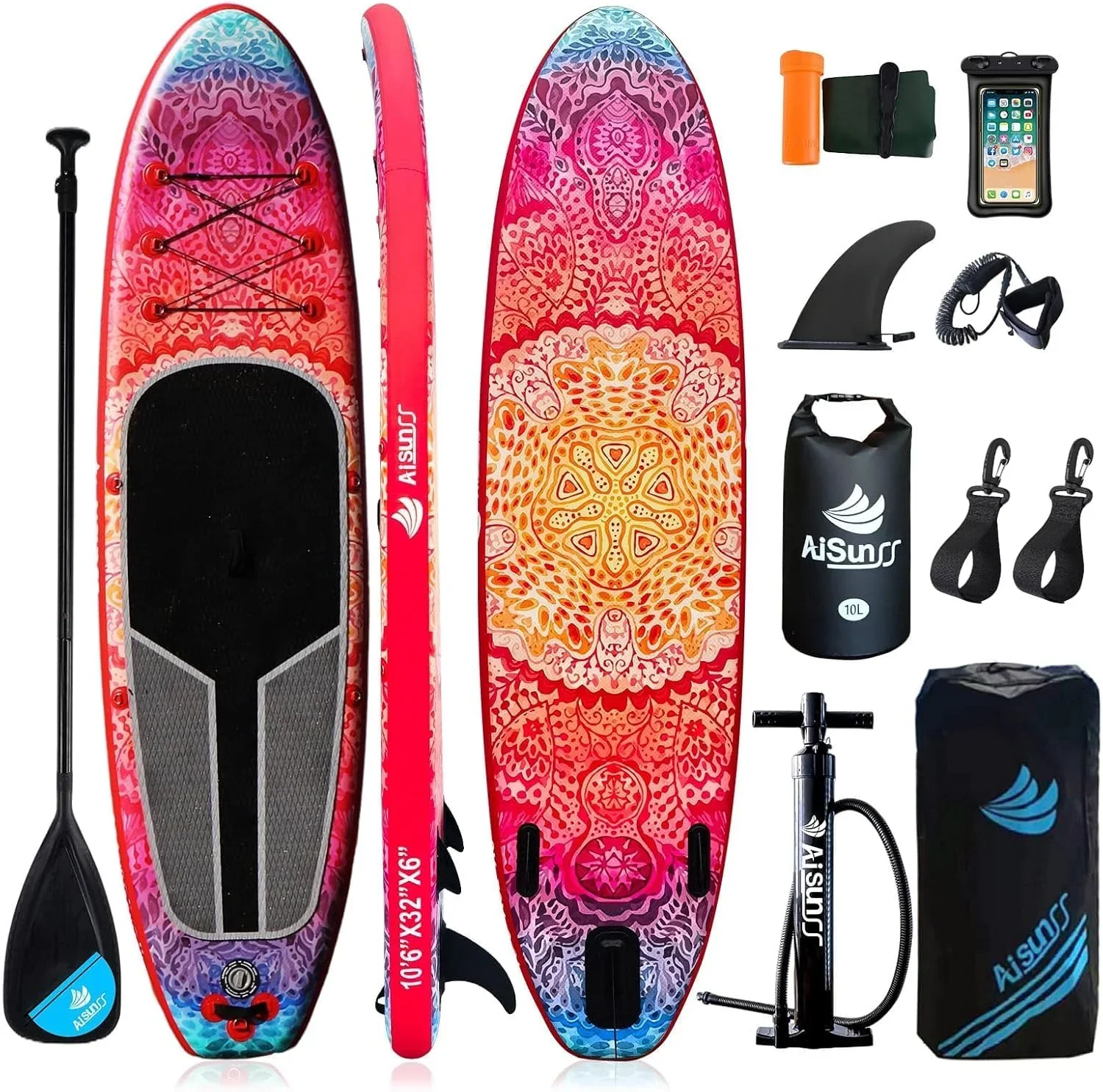 Planche de SUP gonflable large avec sac de transport, pompe à main et sac étanche de 10 L