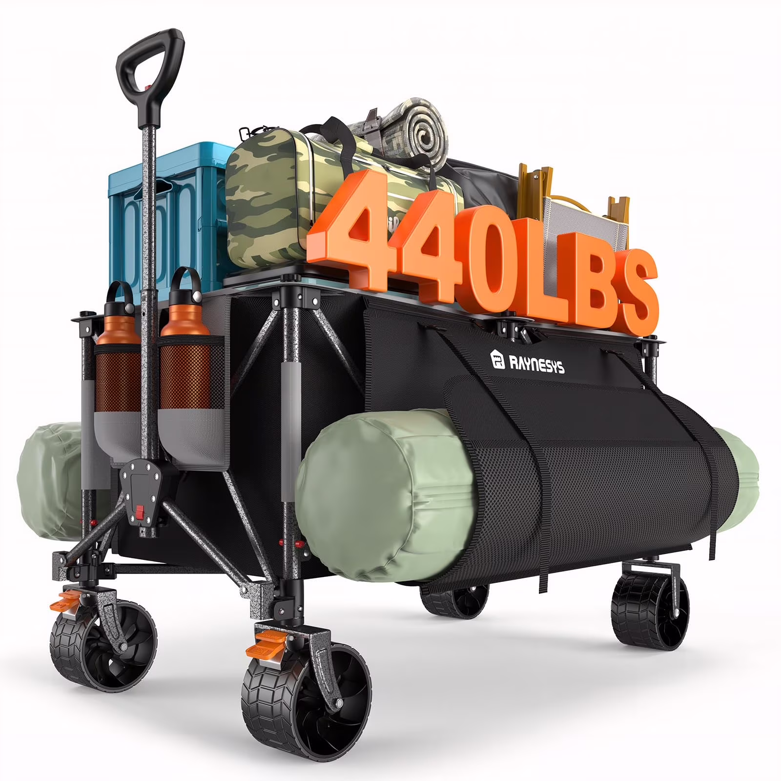 300L Foldable Wagon Cart with Wheels, 440lbs Heavy Duty Beach Wagon for Sand Sports Camping Grocery, Black Gray