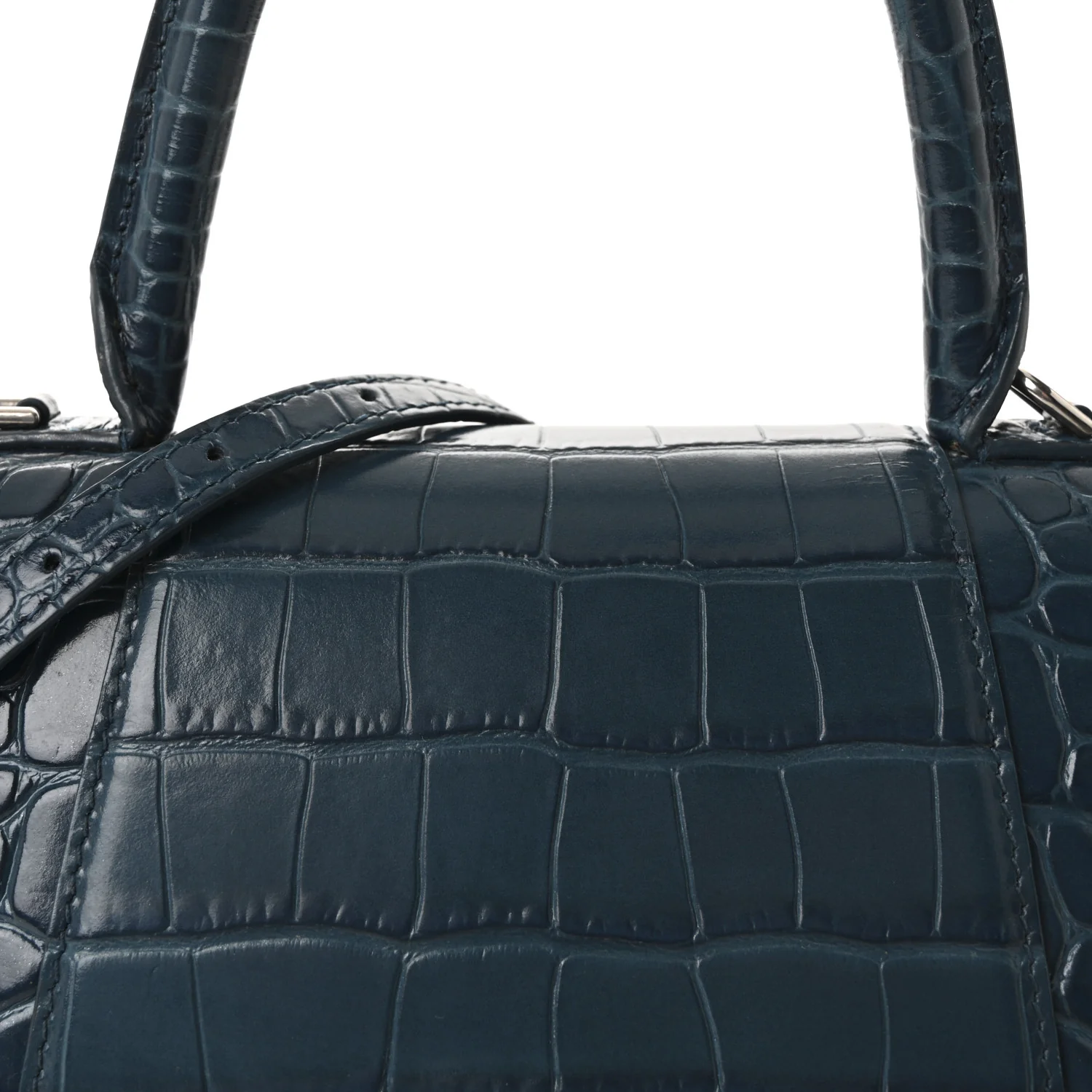 Shiny Calfskin Crocodile Embossed Small Hourglass Top Handle Bag Dark Petrol Blue