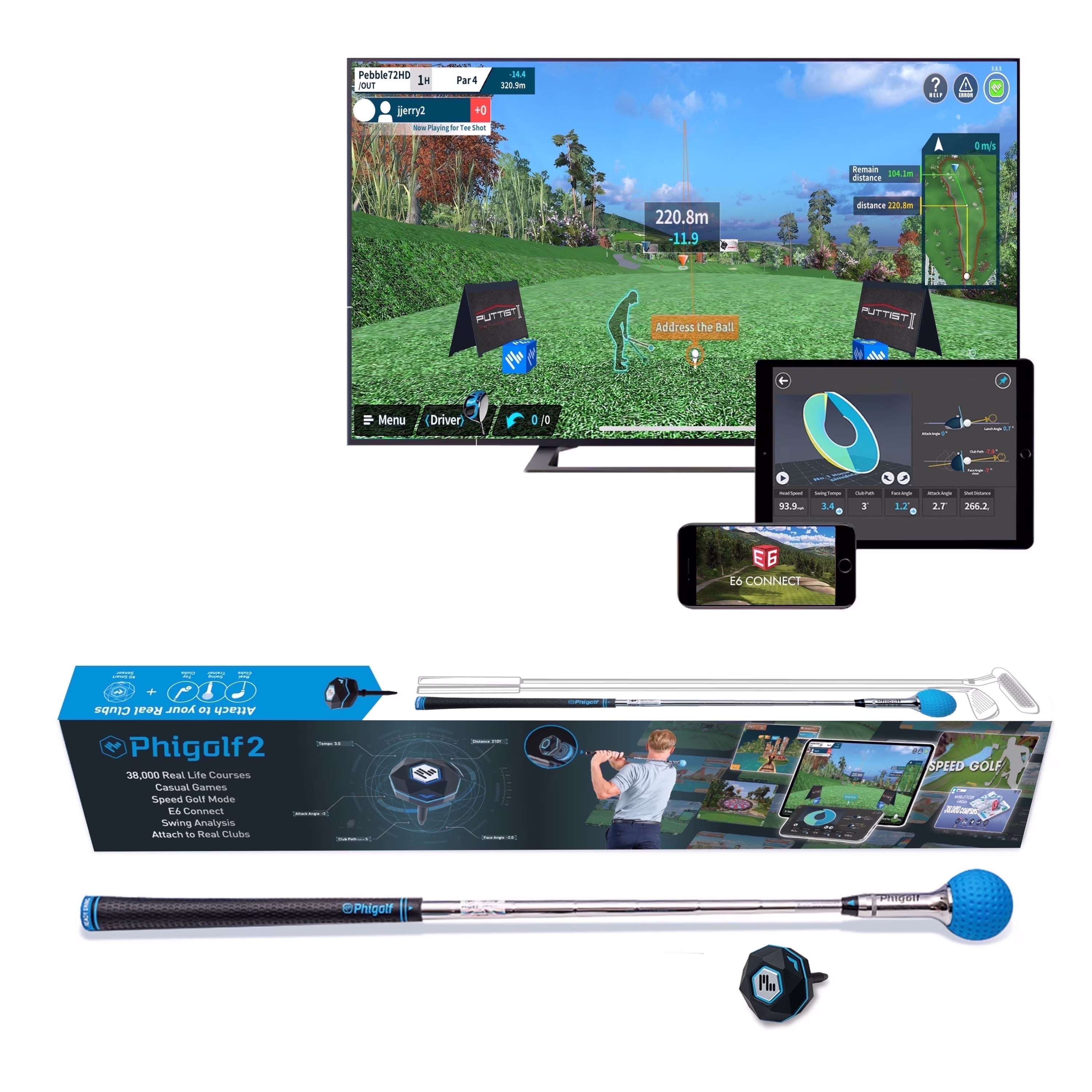 PHIGOLF Home Golf Game Simulator: Enjoy Interactive Golf with Motion Sensor & Swing Stick for Indoor & Outdoor Fun - 38, 000+ Courses Worldwide, Compatible with Android, Ios, App & E6 Connect