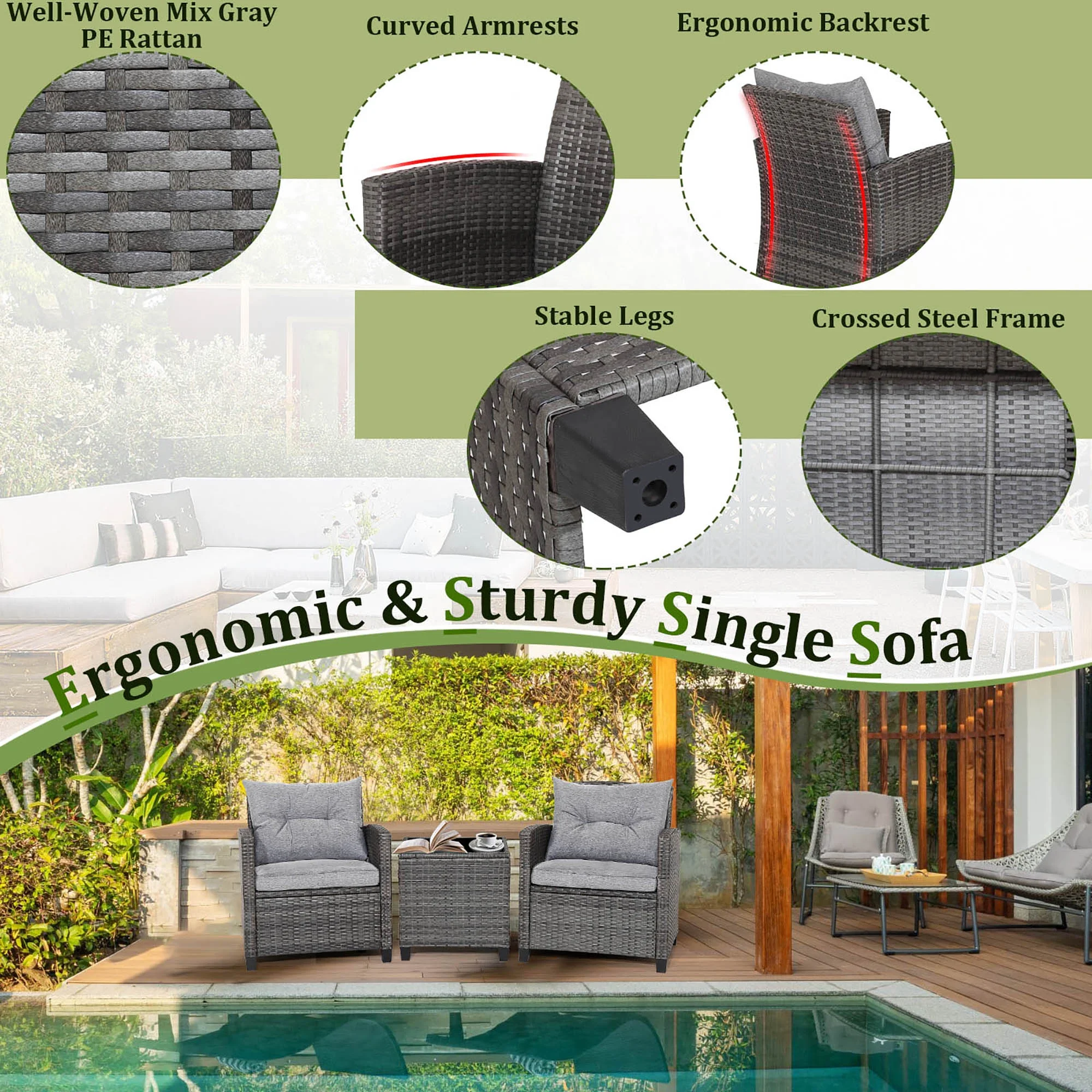 3PCS Patio Rattan Sofa Set Outdoor Wicker Conversation Set Glass Tabletop w/ Grey Cushion - Image 6