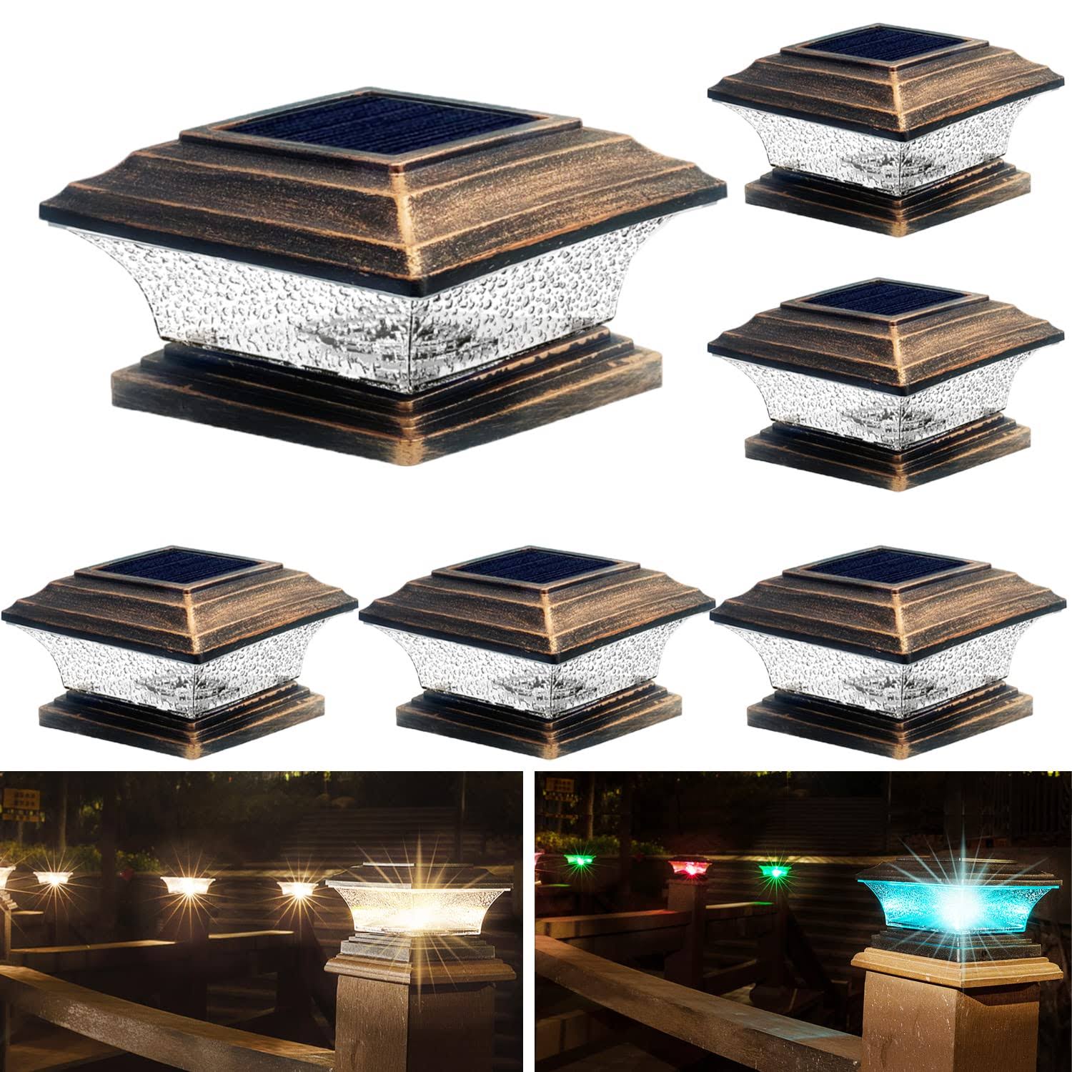 HUYIENO Solar Post Cap Lights Outdoor LED Lighting Deck Fence Two Modes Warm White/7 RGB Color Changing Suitable for 4x4 5x5 Wooden Brushed Copper