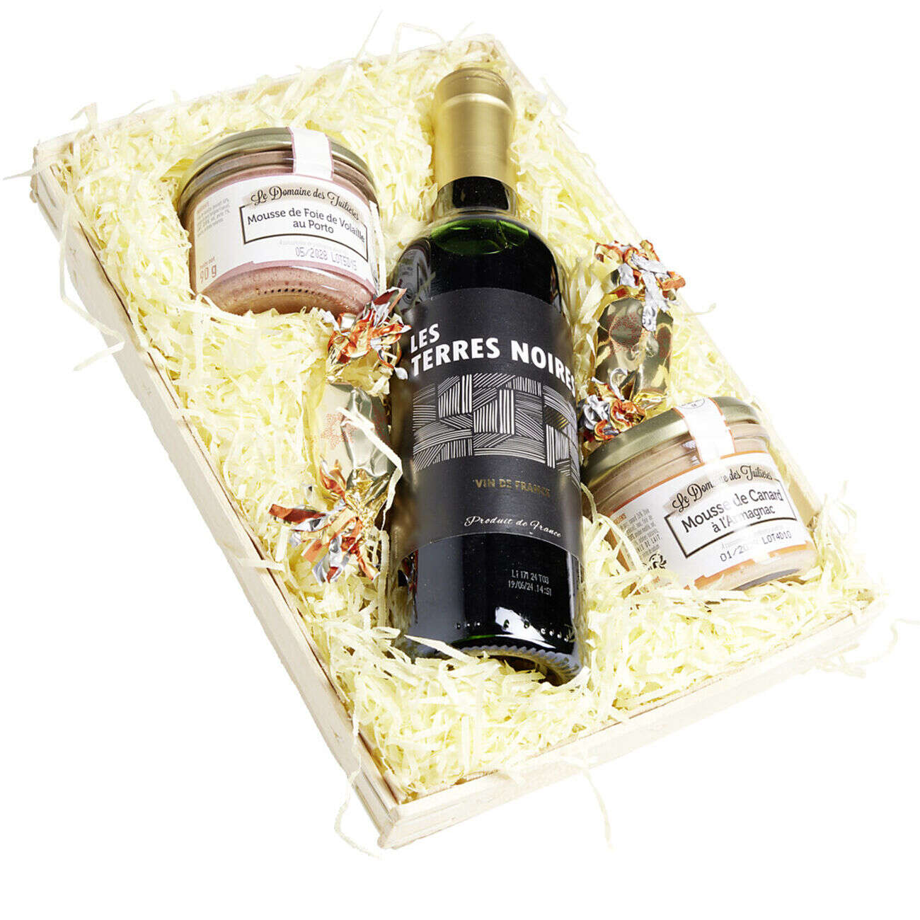 Panier gourmand 1 bouteille vin rouge/2 pâtés/2 papillotes chocolat