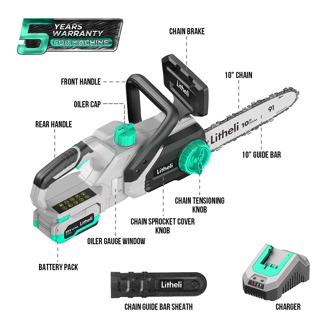 Litheli 20V 10 Cordless Handheld Chainsaw + 4.0Ah Battery Pack & Charger  for Tree Pruning, Branch Cutting, Yard, Garden