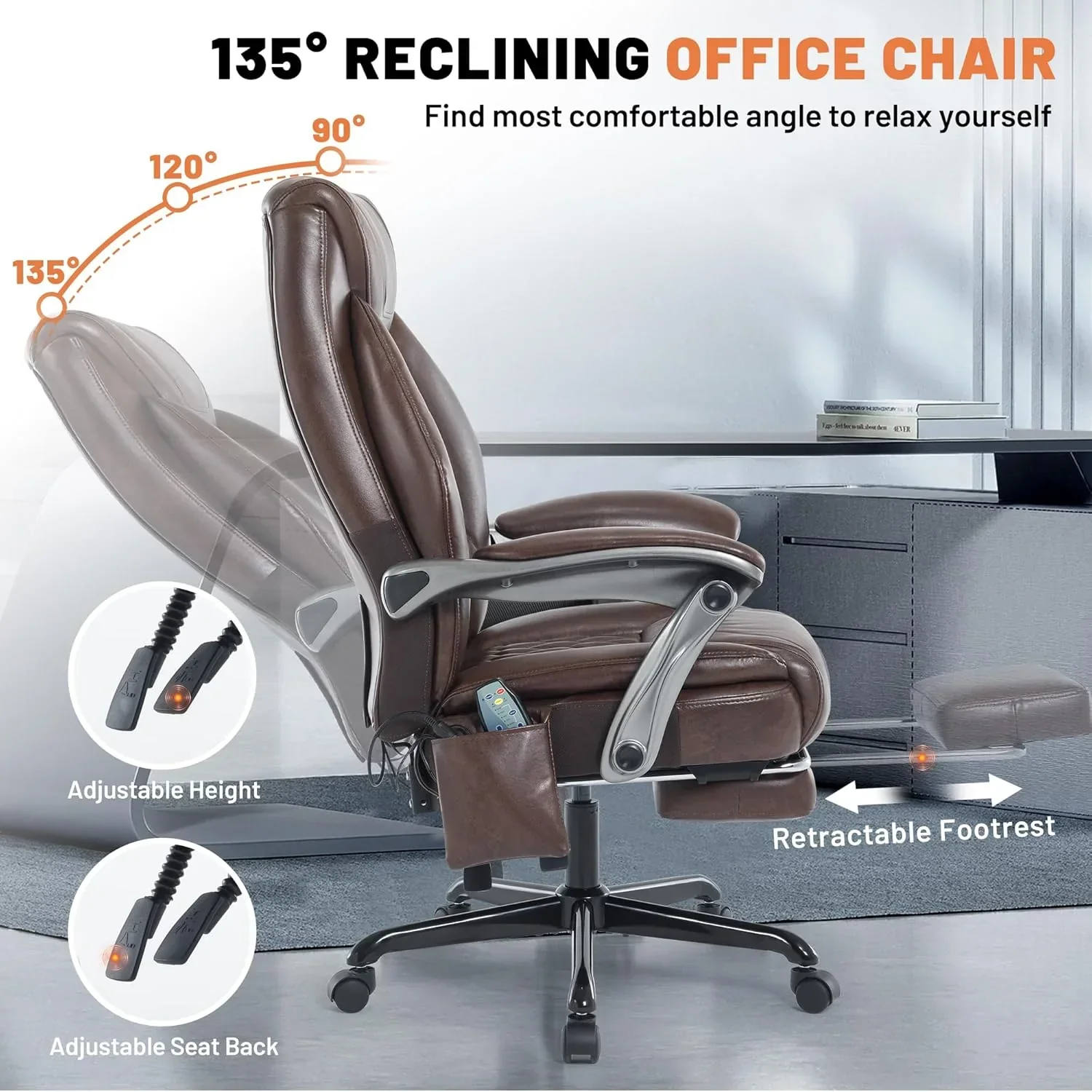 Fauteuil de bureau massant avec chauffage et repose-pieds, fauteuil de bureau ergonomique inclinable de direction