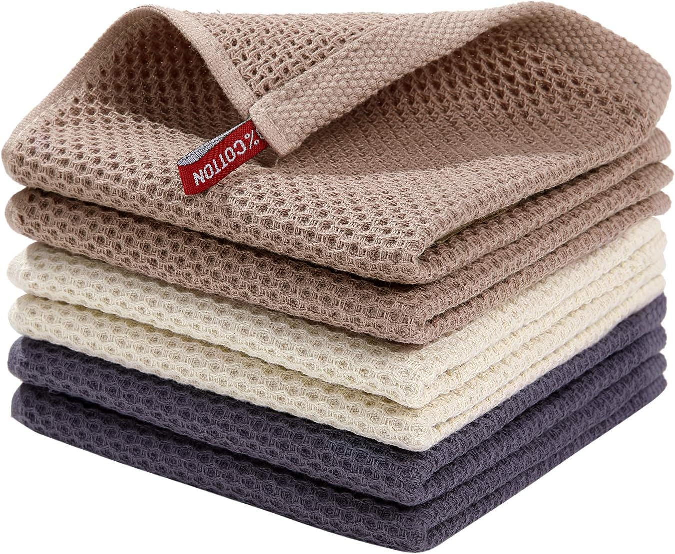 Homaxy 100% Cotton Waffle Weave Kitchen Dish Cloths 6-Pack, Dark Grey