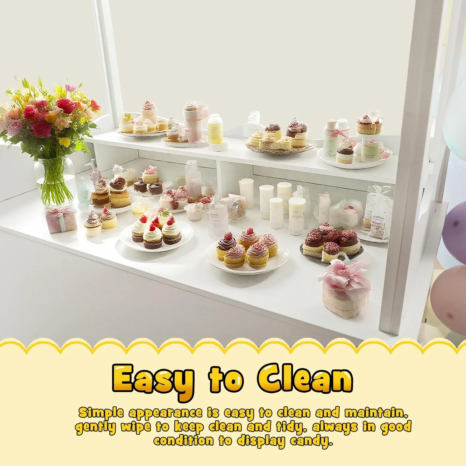 72in Candy Cart Display Stand with Decorated Wheels 100 Balloons Easy Install Vintage Dessert Cart for Parties Birthdays Weddings White(White) - Image 7