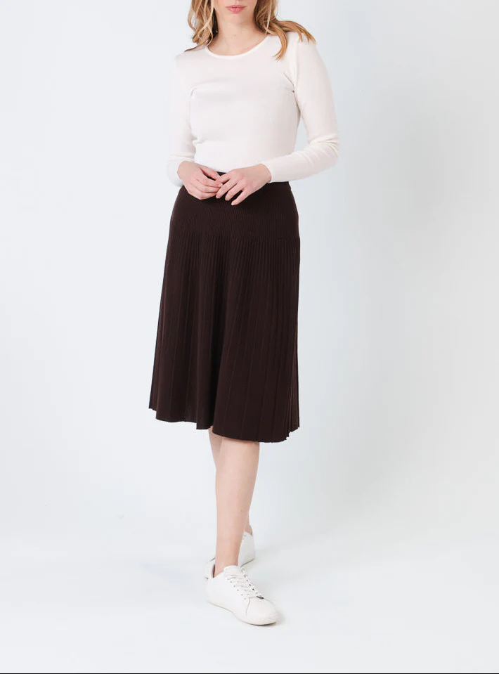 Jupe plissée midi en laine marron chocolat