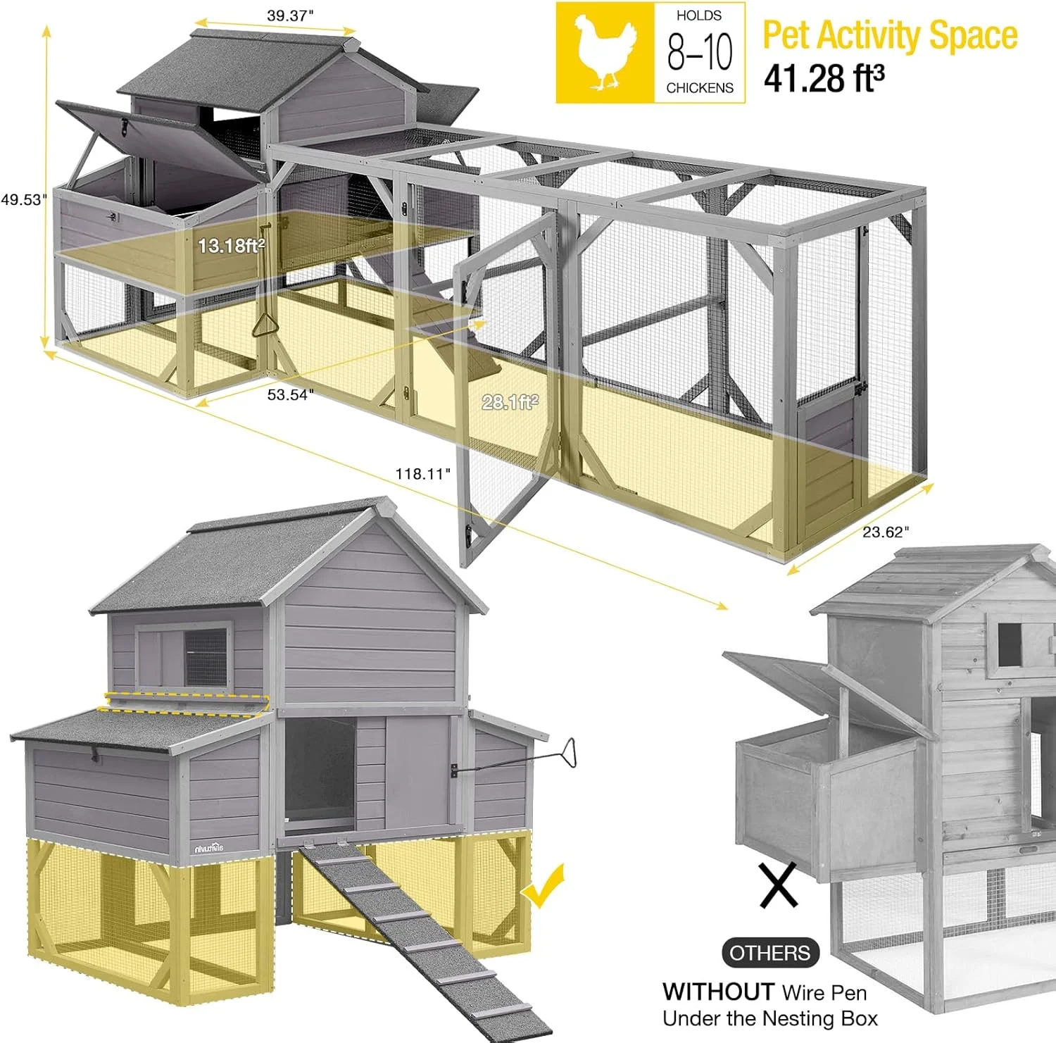 Chicken Coop Extra Large Chicken House Outdoor Poultry Cage for 8-10 Chickens(118.1" x 53.5" x 49.5") - Image 8
