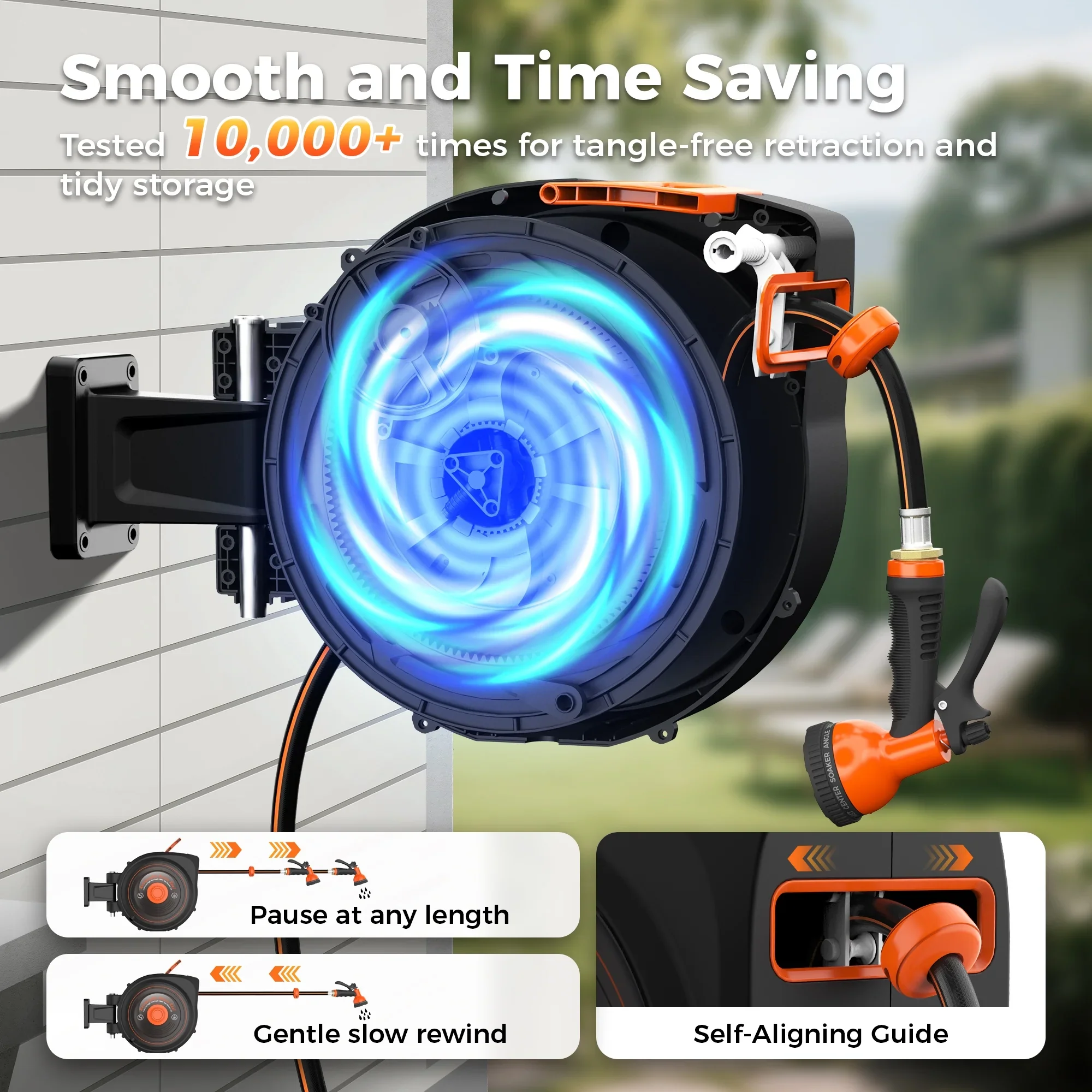 Retractable Garden Hose Reel 1/2 in x 100 ft, Auto-Rewind & Any Length Lock, 180�� Swivel Heavy Duty Hose Reel Wall Mount for Outside, 10 Spray Patterns, UV-Resistant
