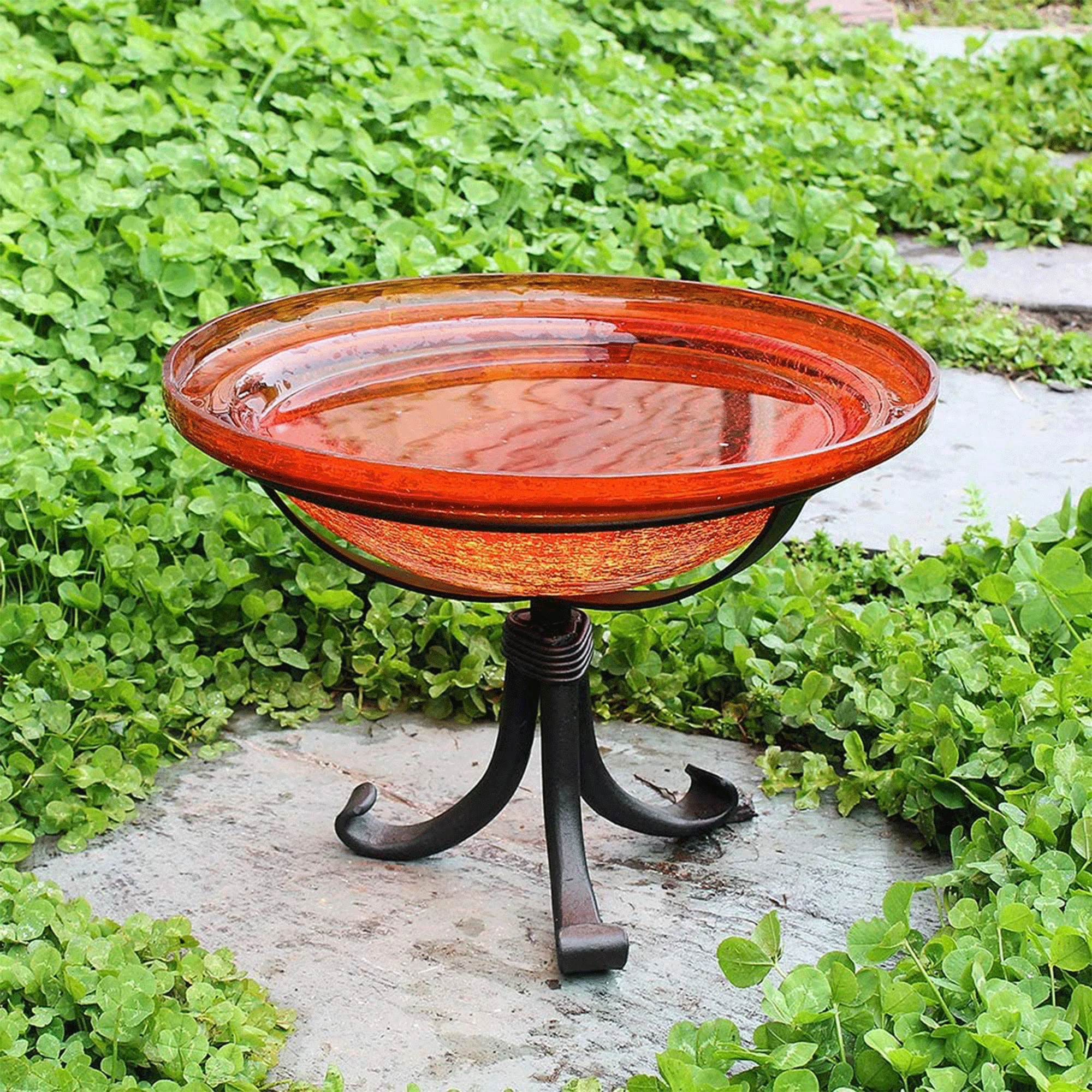 Achla Designs Hand Blown Crackle Glass Garden Birdbath w/ Tripod, Mandarin