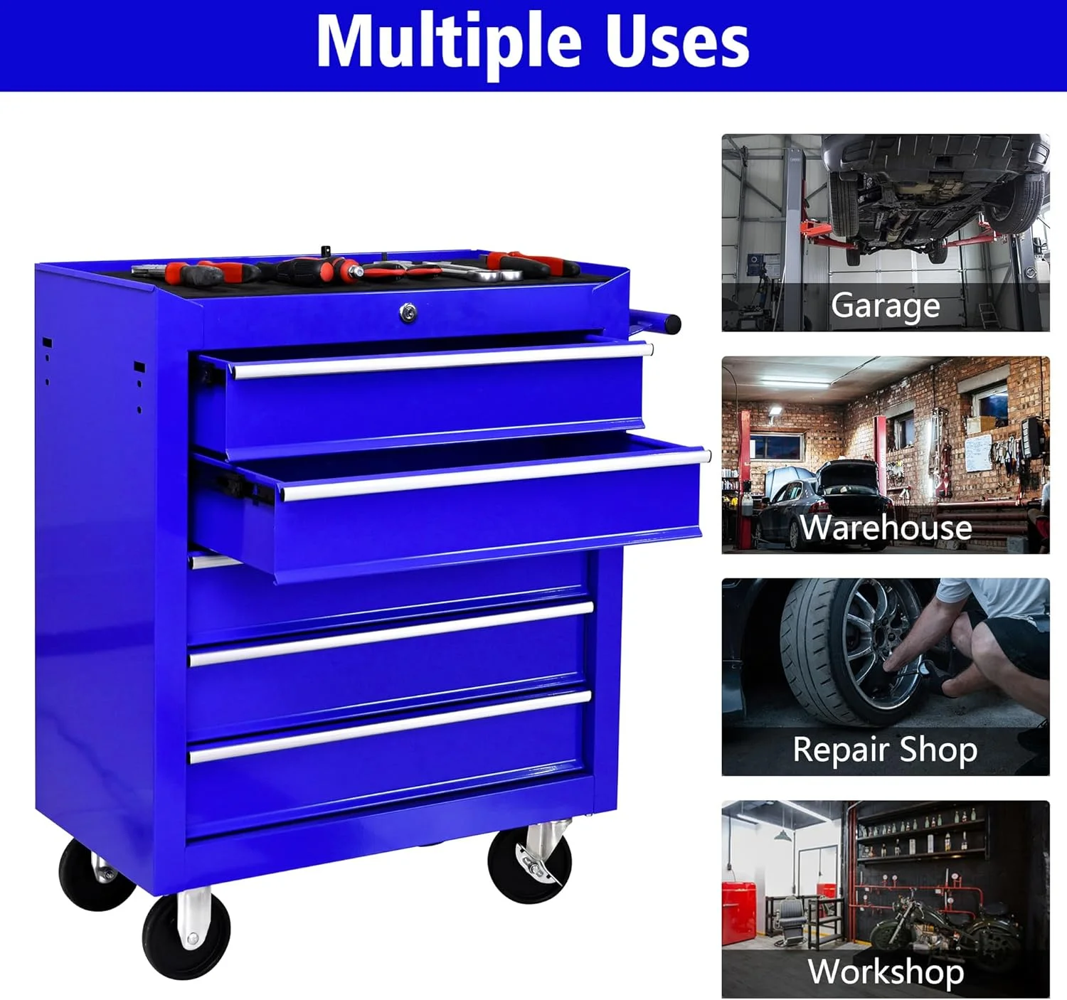 Tool Chests, 5-Drawer Rolling Tool Storage Cabinet with Detachable Tray, Multi-Functional Handles, Adjustable Shelves, Secure Locking System, Heavy-Duty Wheels, Ideal for Garage, Workshop(5-Drawers/Red) - Image 10