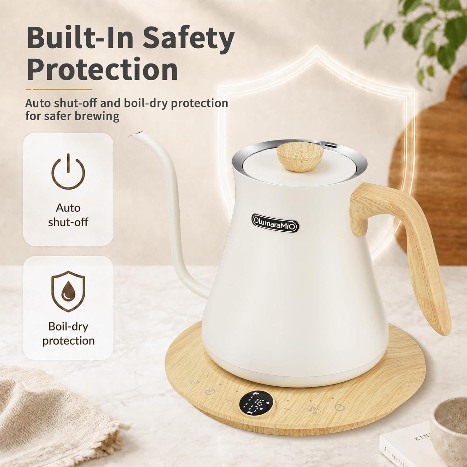 Olumaramio 0.8L Gooseneck Electric Kettle, ±1 ° F Temp Control, Wood-Grain