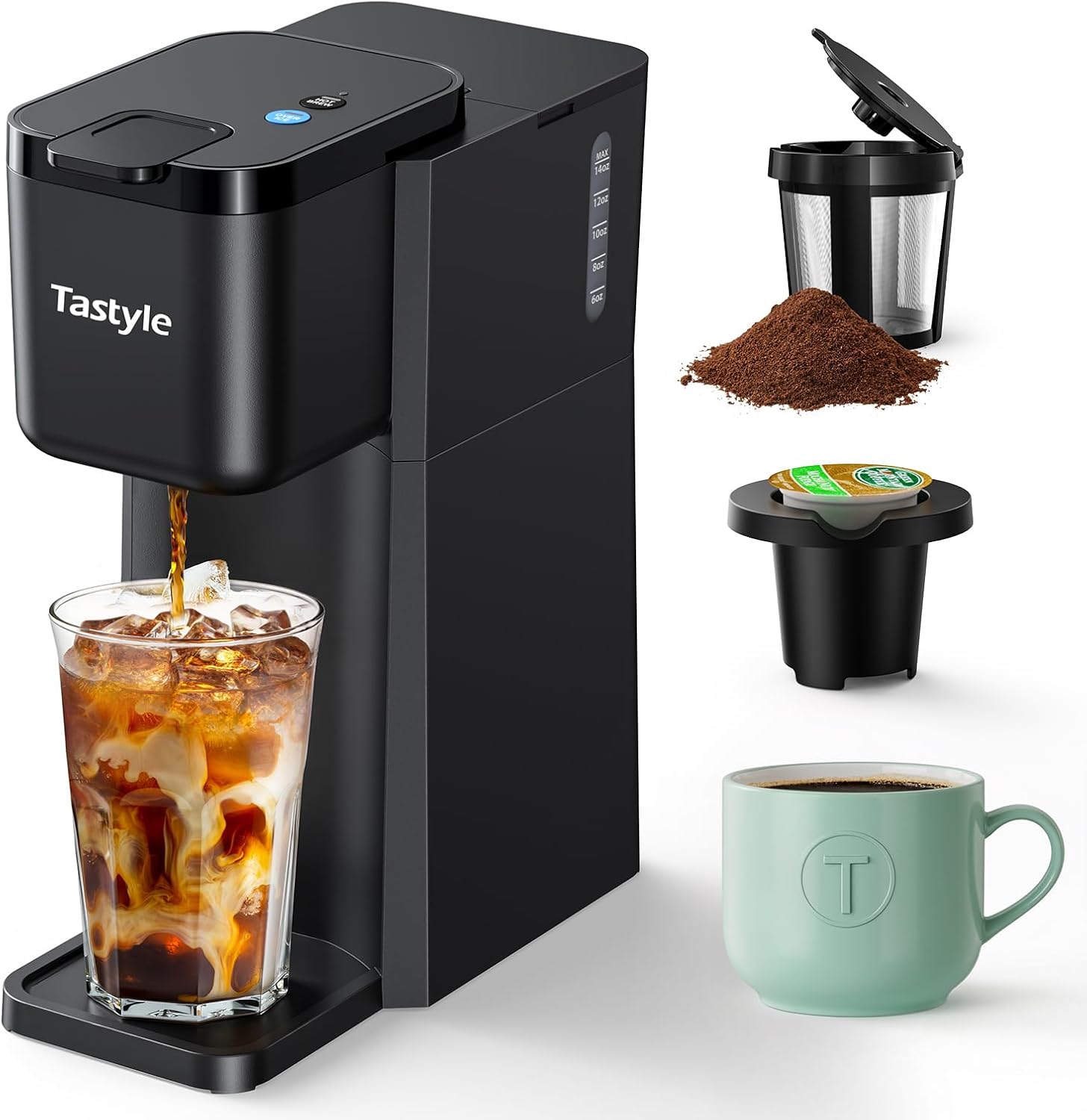 Tastyle Mini Single Serve Hot and Iced Coffee Maker for K Cup and Ground Coffee| 6 to 14 Oz Brew Sizes, with Recipe Book, for Home, Travel, RV, Office and Dorm, 120V, K310IC, 2.0 version, Classic Black