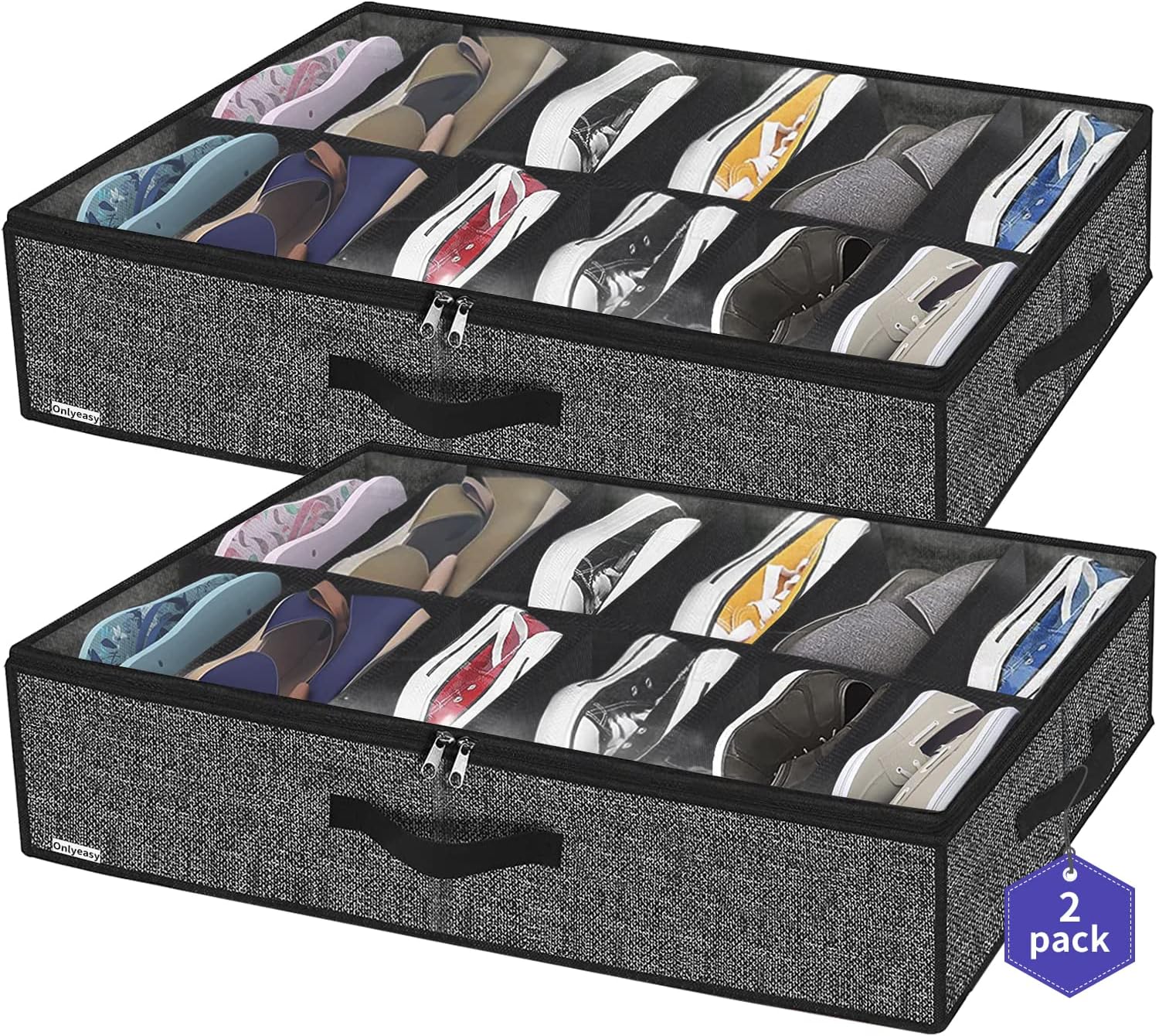 Onlyeasy Sturdy Under Bed Shoe Storage Organizer, Set of 2, Fits 12 to 24 Pairs, Underbed Shoes Closet Storage Solution with Clear Window, Breathable, L29.3 x W23.6 x H5.9, Linen-like Black, MXAUBSB2P