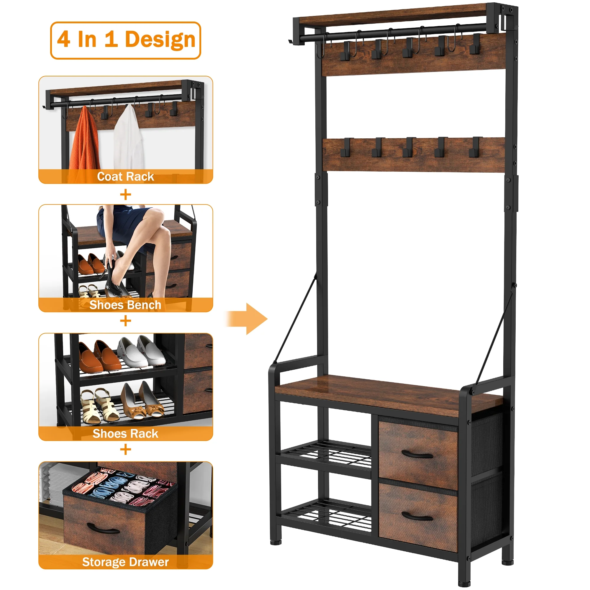 GIKPAL 5 in 1 Hall Tree, Entryway Bench with Coat Hooks Industrial Entryway Bench with 17 Hooks 2 Drawers and Top Shelf, for Hallway or Living Room, Rustic Brown(2 Drawers/Brown)