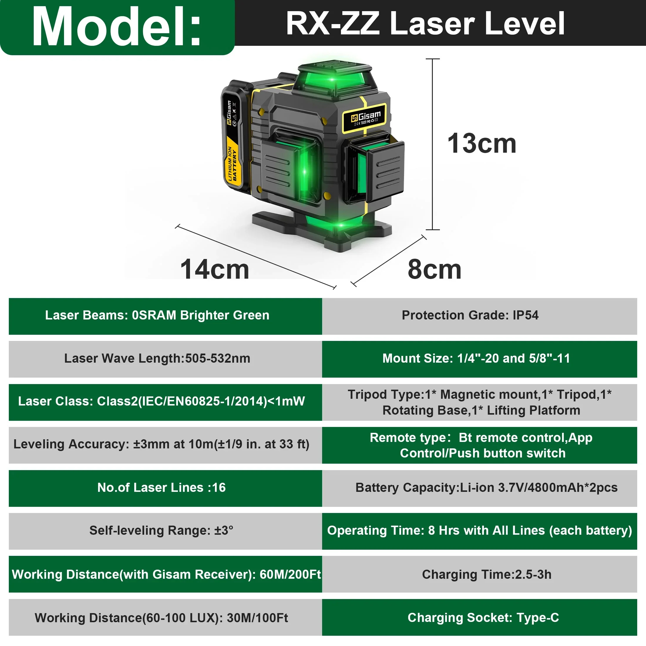 Gisam Laser Level with Tripod , 4x360�� Self-Leveling Green Cross Line 4D Laser Tool with Remote Control & 2* 4800mAh Battery