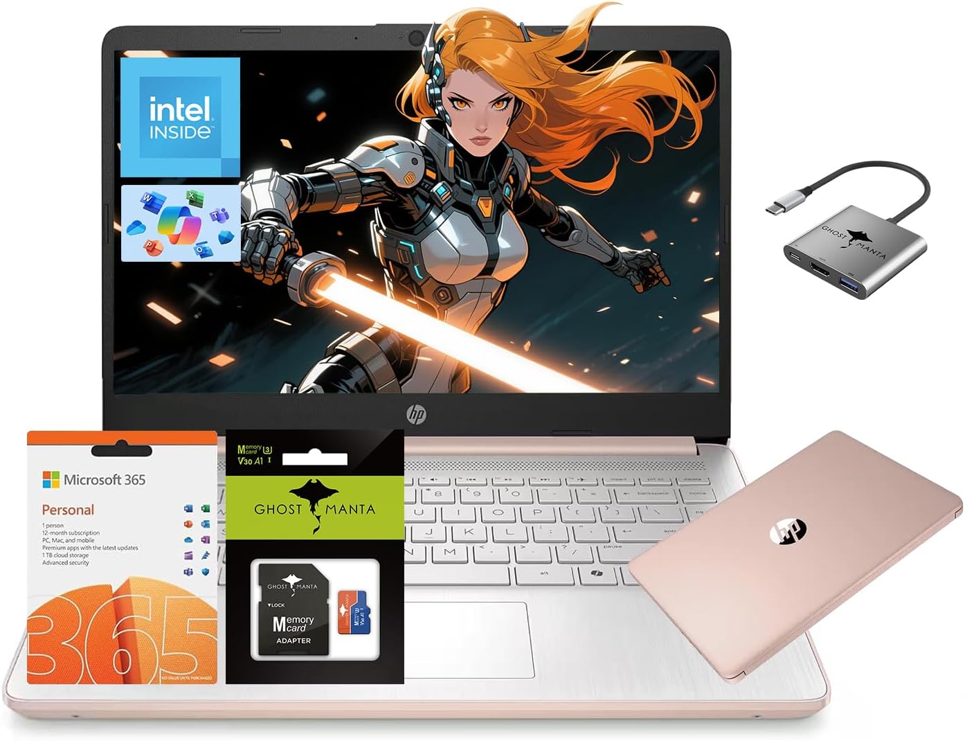 HP 14 Laptop  Quad-Core (Beat i3) 8GB RAM 256GB Storage(128GB UFS + 128GB SD Card) 1-Year Office 365 Copilot AI Computer for Student Study Back to School Win11 w/GM Accessory