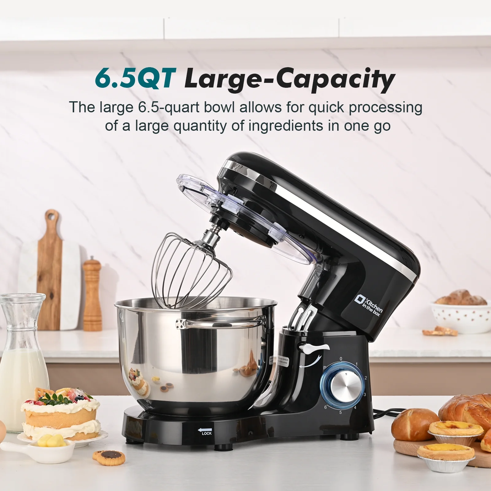 Kitchen in the Box Tilt - Head Stand Mixer, Electric Kitchen Mixer with 6.5QT Stainless Steel Bowl, 660W Food Mixer with 6 - Speed, Black