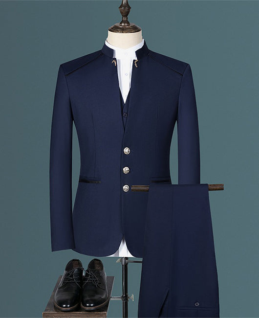 Ensemble blazer et pantalon uni à col montant et boutons sur la patte de boutonnage