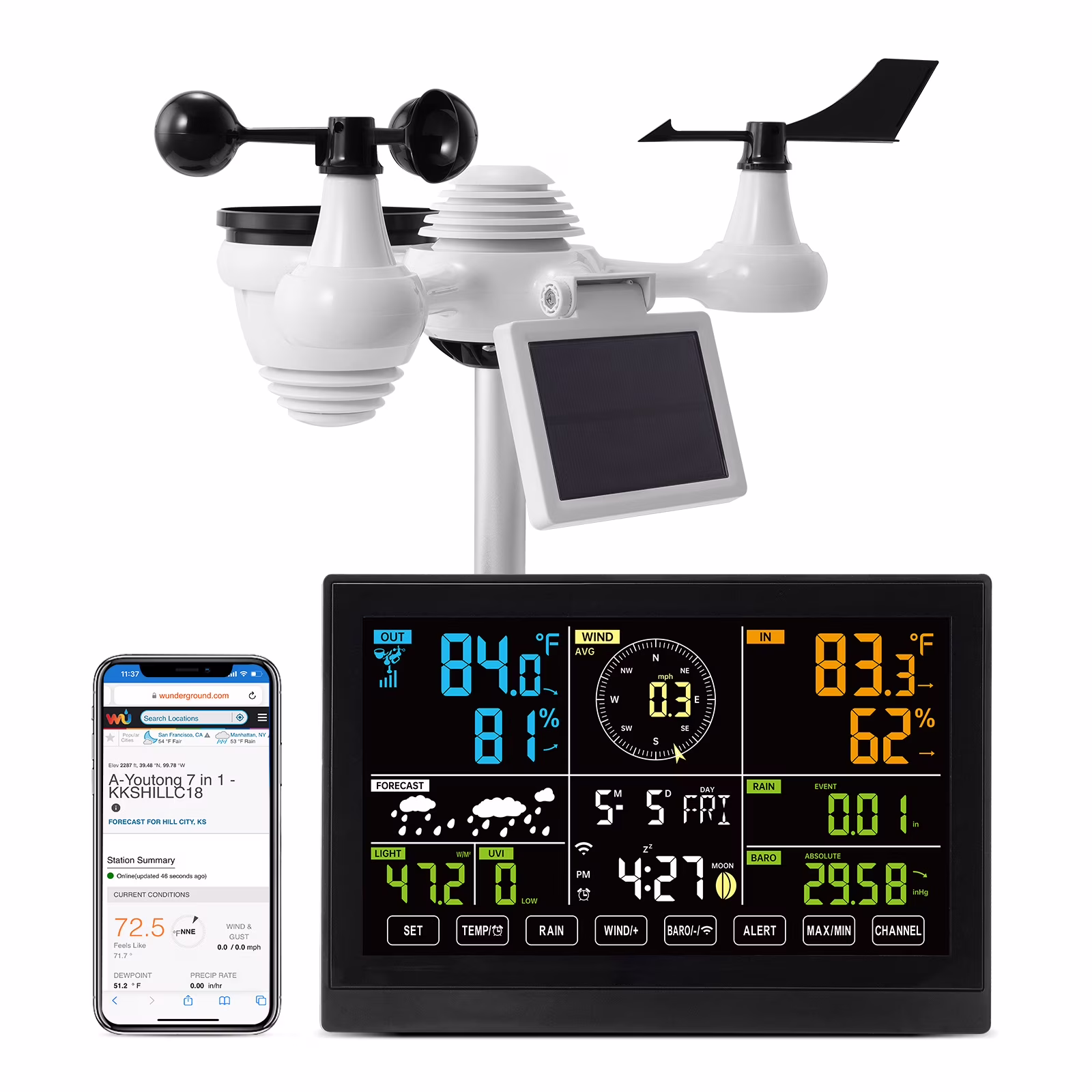 BENTISM 7 in 1 Wi - Fi Wireless Weather Station, for Indoor and Outdoor Temperature and Humidity, Wind Speed/Direction, Rainfall, with Built - in Barometer and 7.5in Digital Color Display