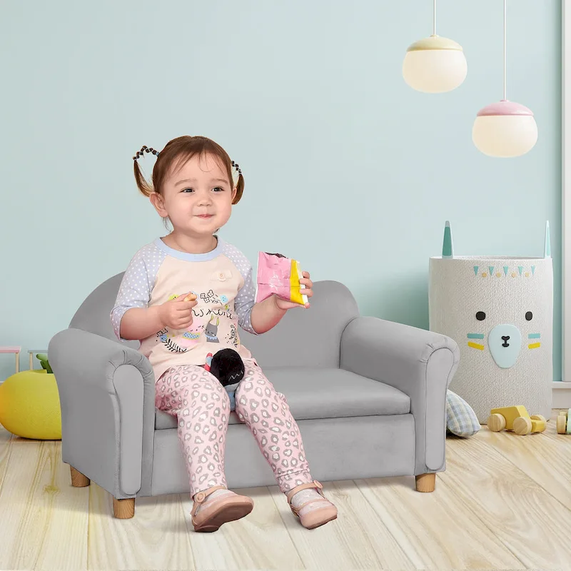 Qaba Kids Sofa with Wooden Armrests - Toddler Couch for Preschool and Kindergarten Rooms Featuring Hidden Storage