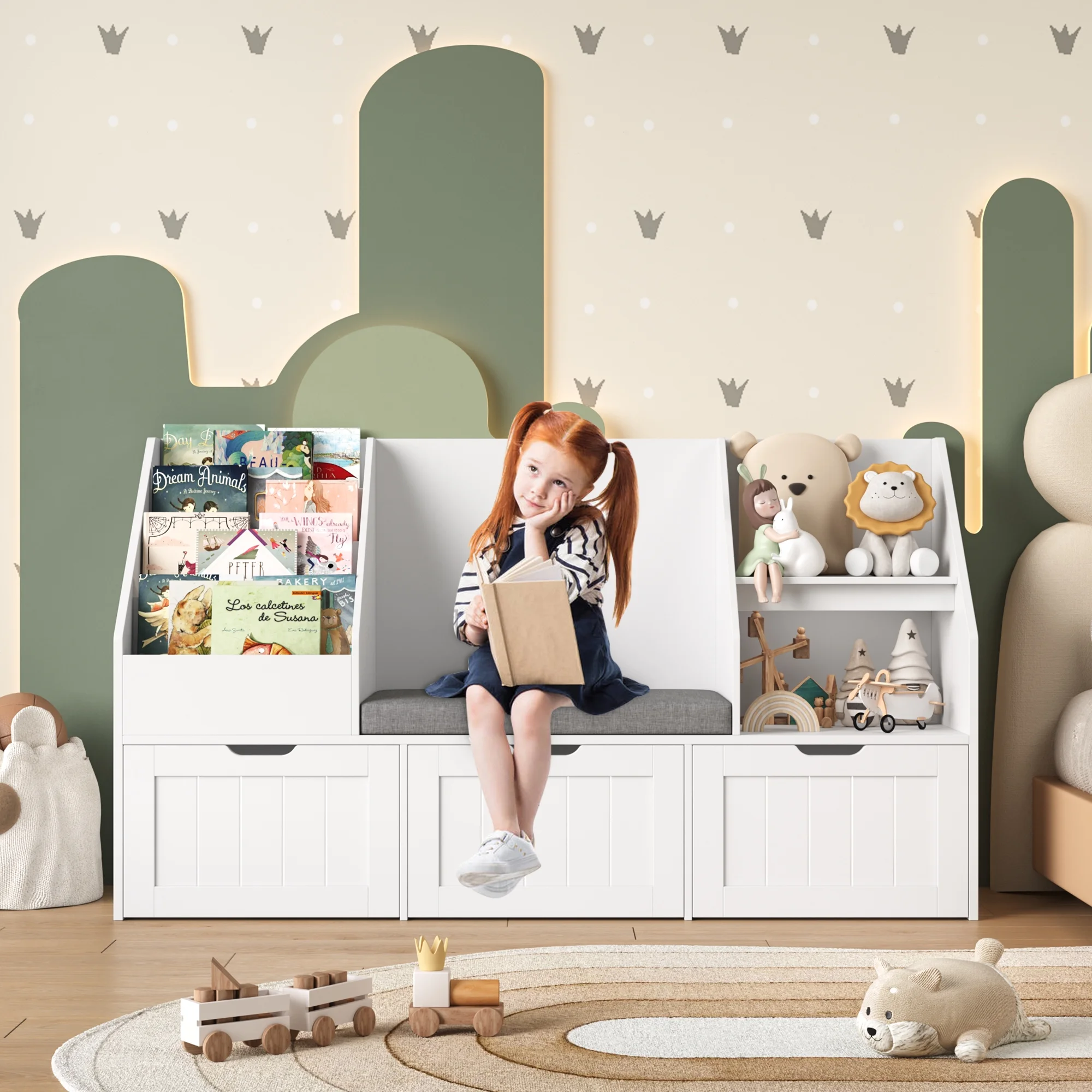 Kids Bookshelf with Reading Nook 3 Movable Drawers, 2 Cube Bookcase with 4-Tier Book Racks, Toy Storage Organizer for Playroom Bedroom, White(White) - Image 7