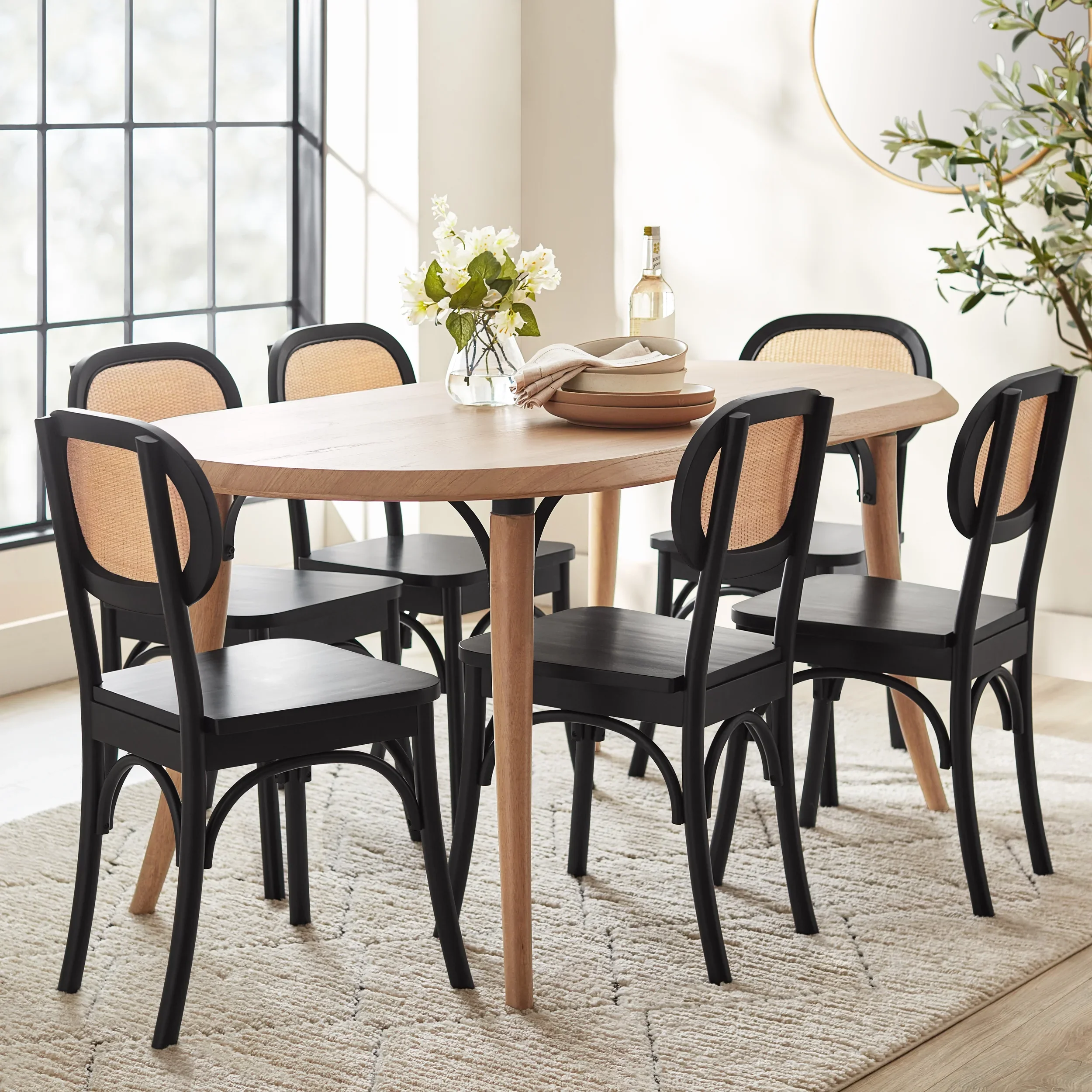 Better Homes & Gardens Camden Dining Chairs with Rattan and Solid Wood, Black Wood finish, by Dave & Jenny Marrs