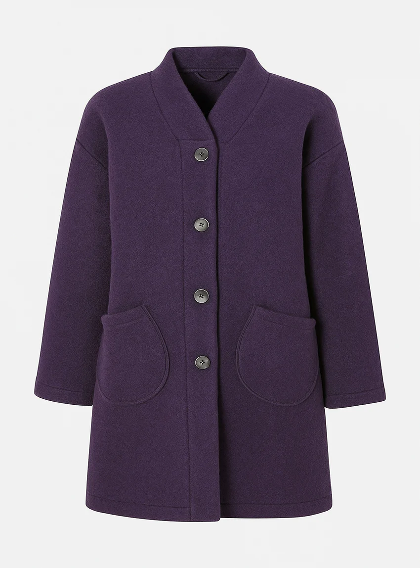 Manteau court femme laine bouillie violet foncé