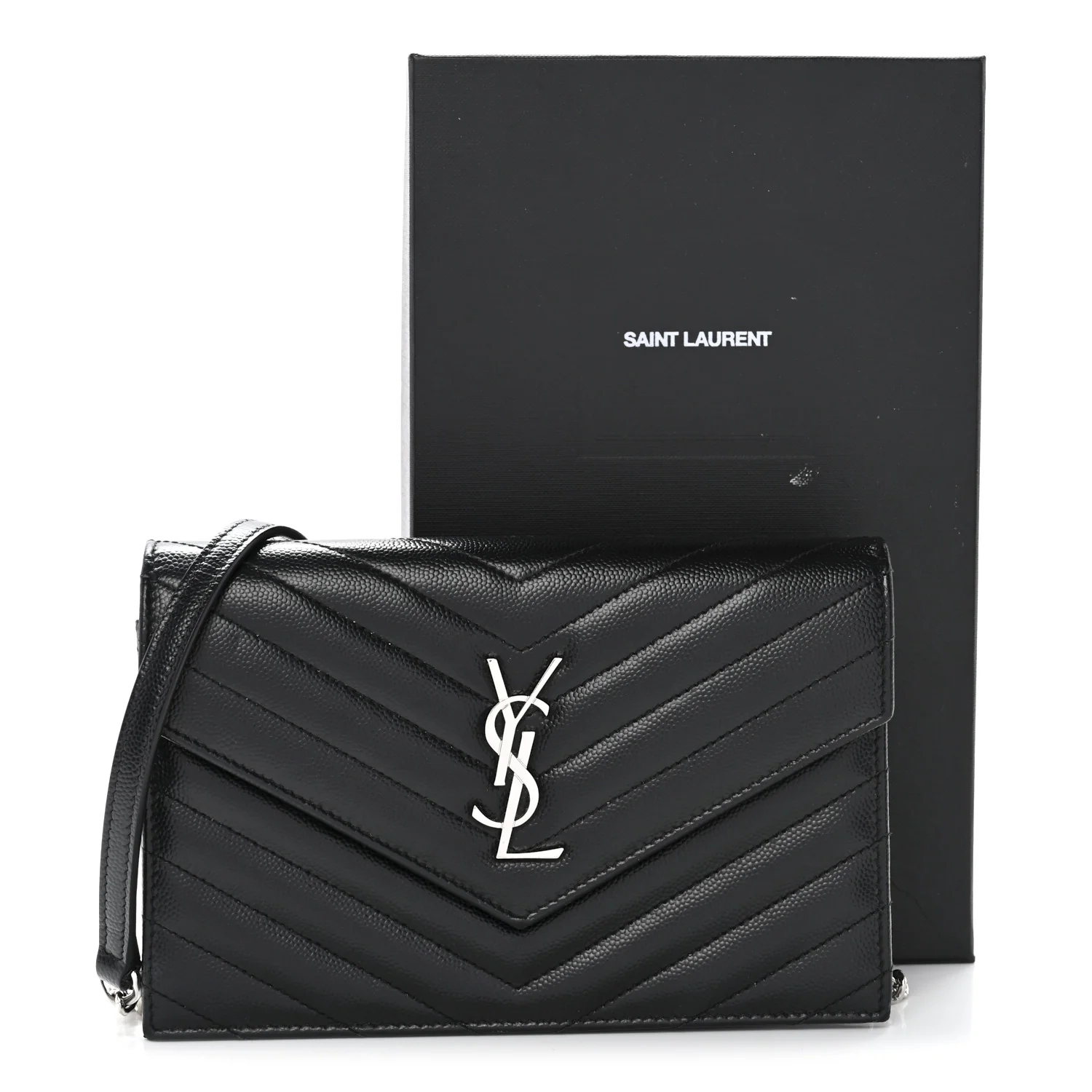 Grain De Poudre Matelasse Chevron Monogram Envelope Chain Wallet Black