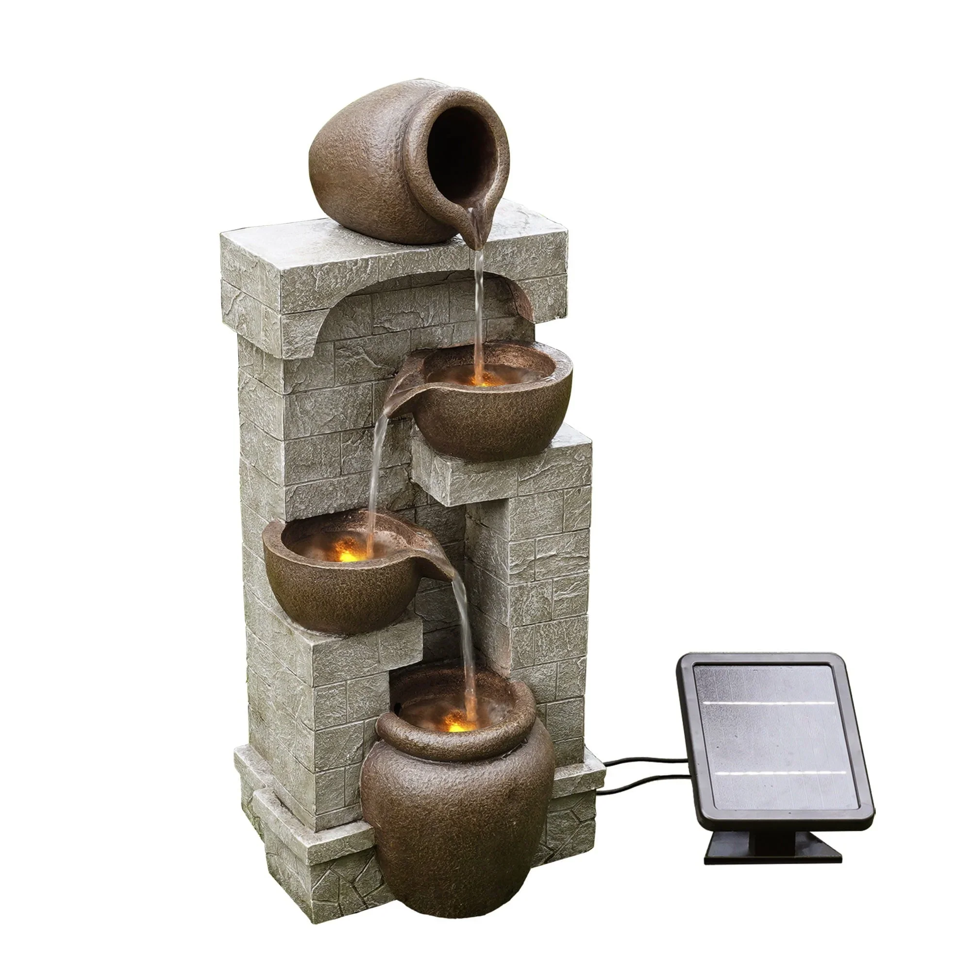 Teamson Home 28.5 Solar Powered 4-Tier Cascading Bowls & Stacked Stones Garden Water Fountain with LED Lights, Brown