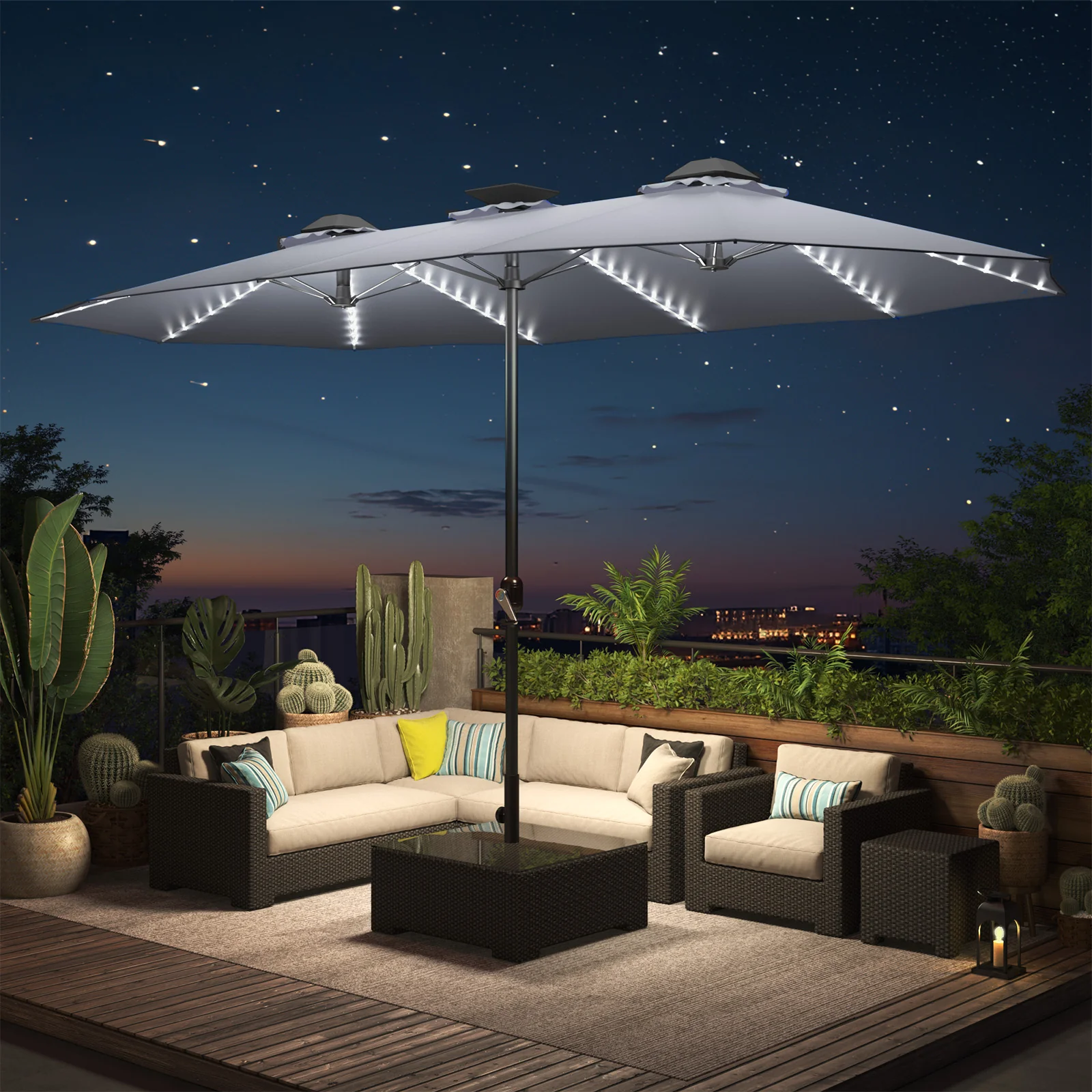 AECOJOY 15ft Patio Double-Sided Umbrella, 156 PCS Solar LED Light Outdoor Large Umbrella, Grey