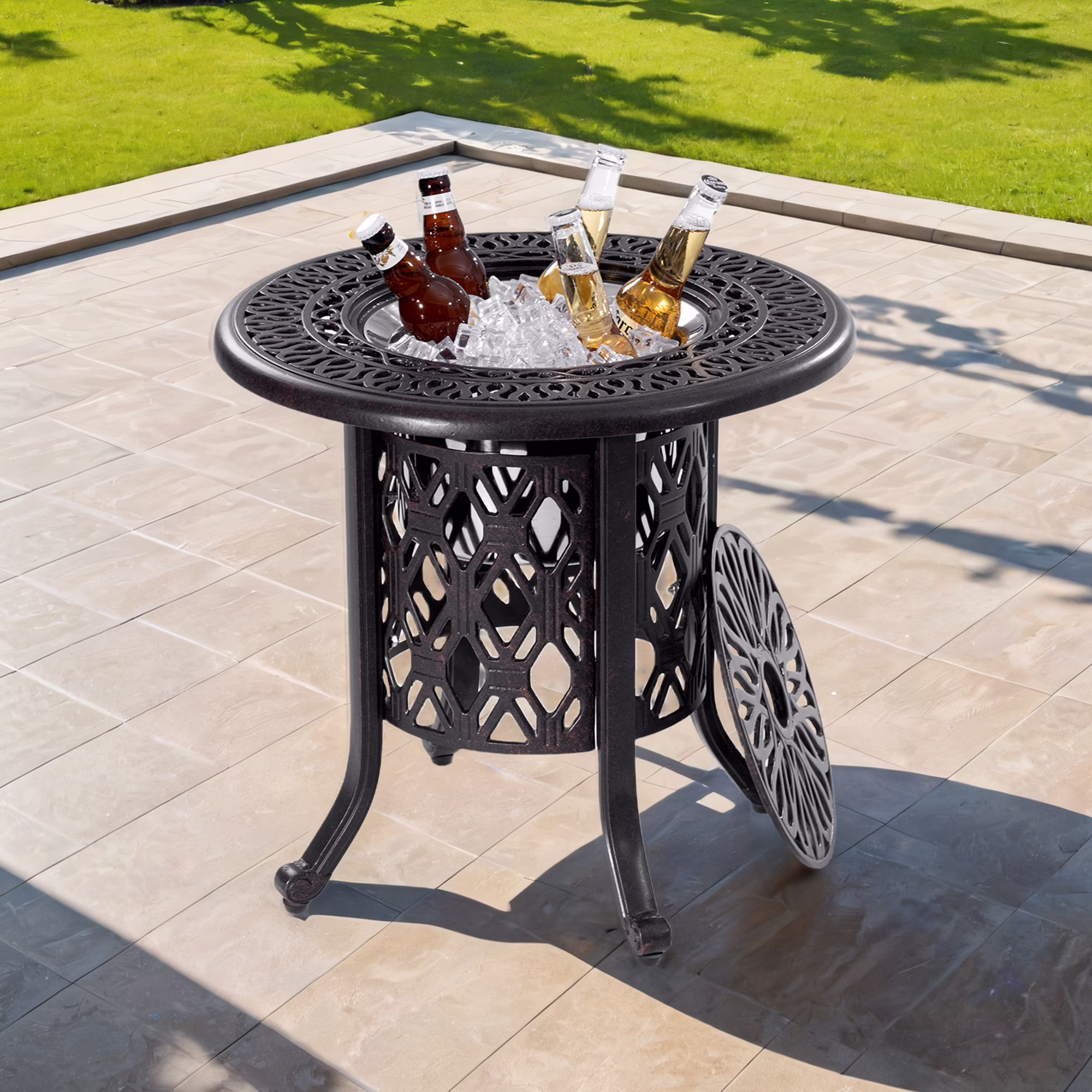 Yoneston 21 Cast Aluminum Round Patio Table with Removable Ice Bucket, Rustproof Outdoor Patio Bar Table for Patio, Balcony, Garden, Poolside, Black
