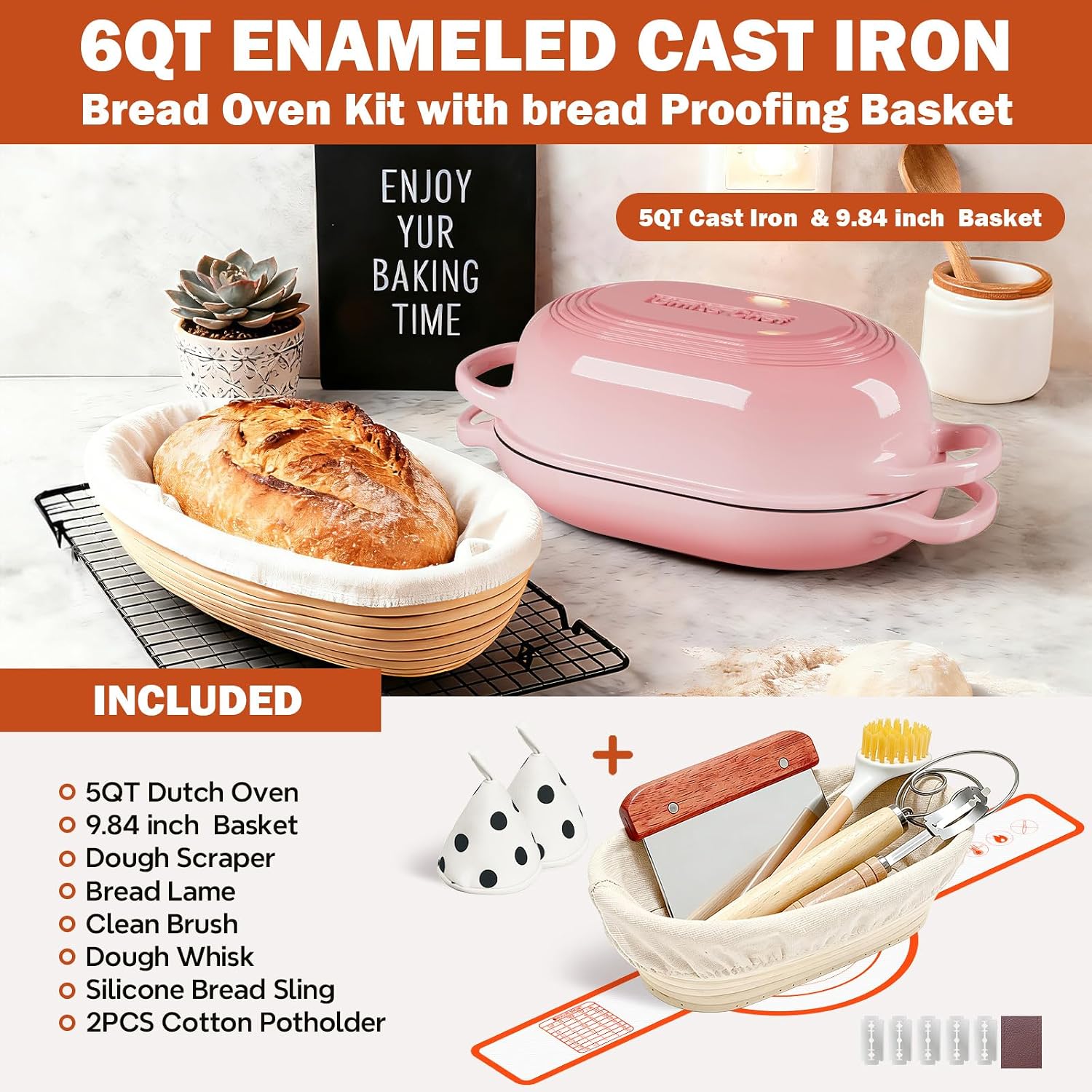 Enameled Cast Iron Sourdough Bread Oven, Dutch Oven for Bread Baking, - incl Sourdough Bread-Baking Supplies like Banneton Bread-Proofing Basket - 5QT Loaf Cast Iron Bread Pan-Making Kit Pan, Pot, Sourdough Tools, Lame (Pink)