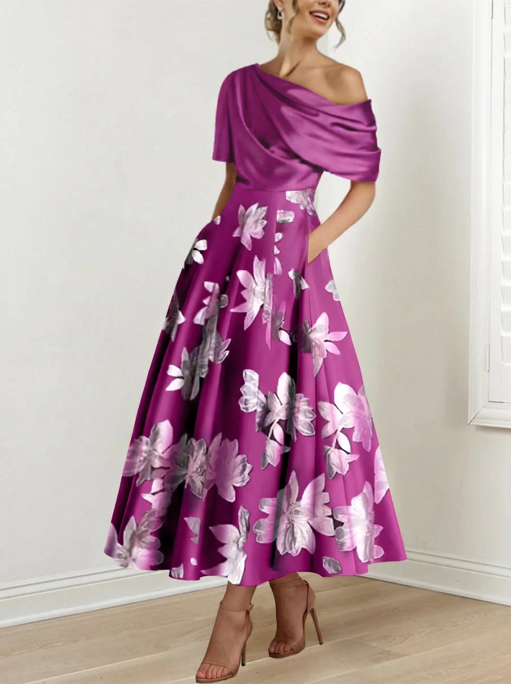 Robe de mère de la mariée à fleurs imprimées asymétrique en ligne A