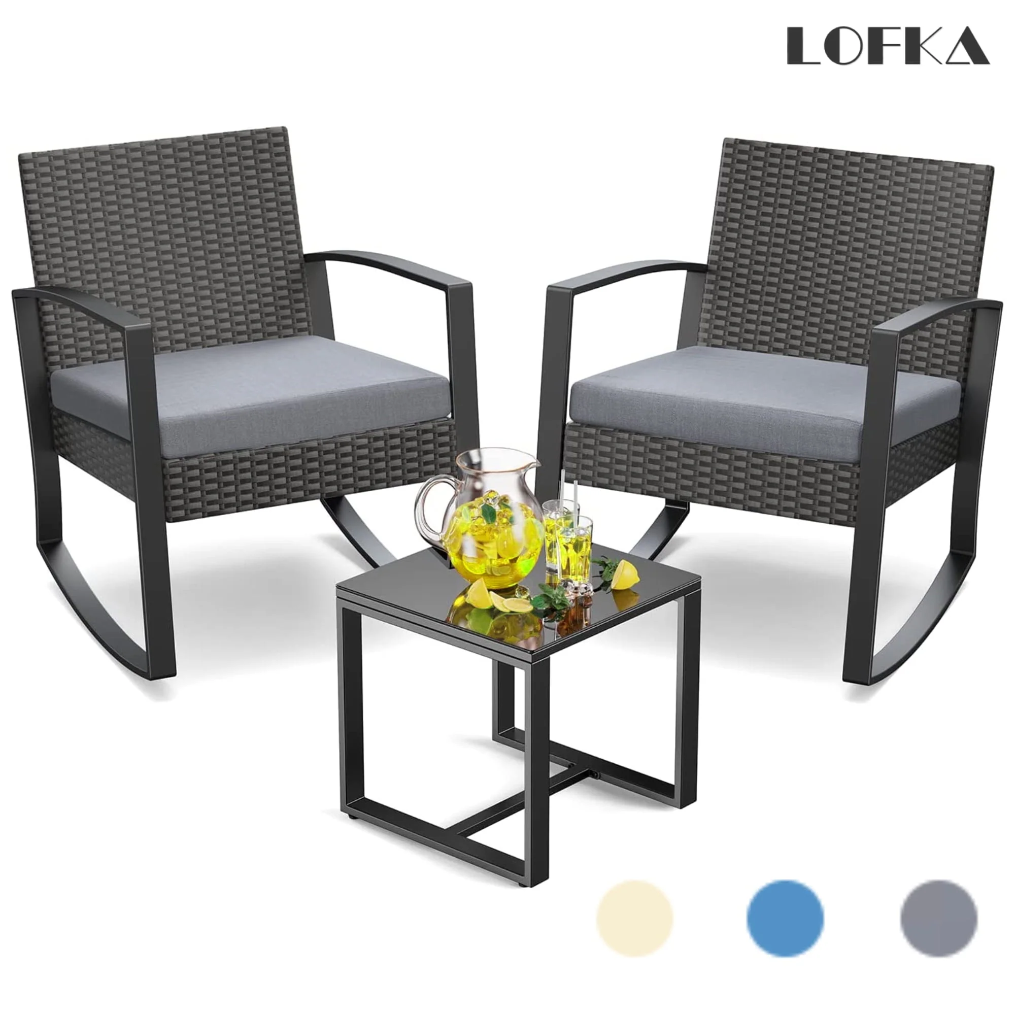 Patio Chairs Set, Outdoor Porch Balcony Furniture Set with Glass Coffee Table, Patio Rocking Wicker Chairs Set with Gray Cushion(Upgraded)(Gray) Image 2