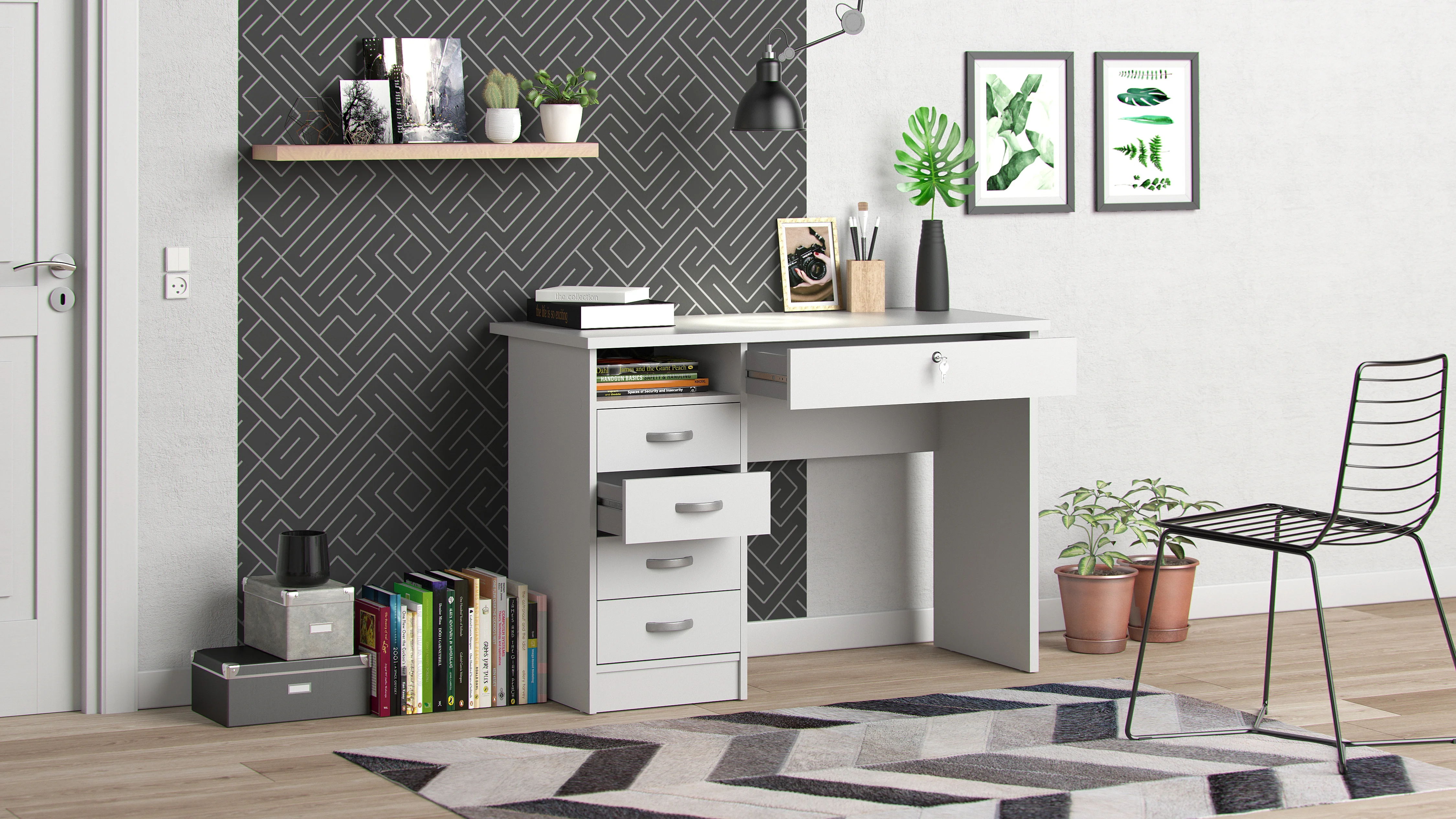 Walden 5 Drawer Office Desk with 1 Locking Drawer for Adults, White(White) - Image 7