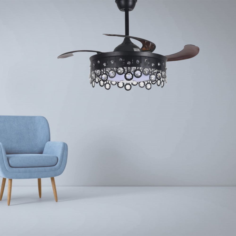 AFANQI 42" Black Modern Fandelier Ceiling Fan with Light Remote, Retractable Bluetooth Ceiling Fan with 7 Colors Silent Motor Crystal Chandelier