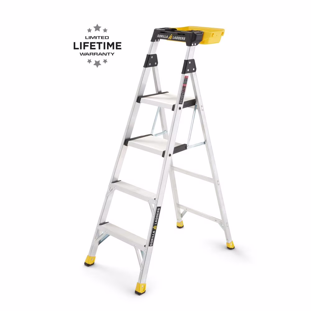 Removable Dual Platform Heavy Duty Ladder With Project Bucket, 5.5 ft, Aluminum, Multicolor