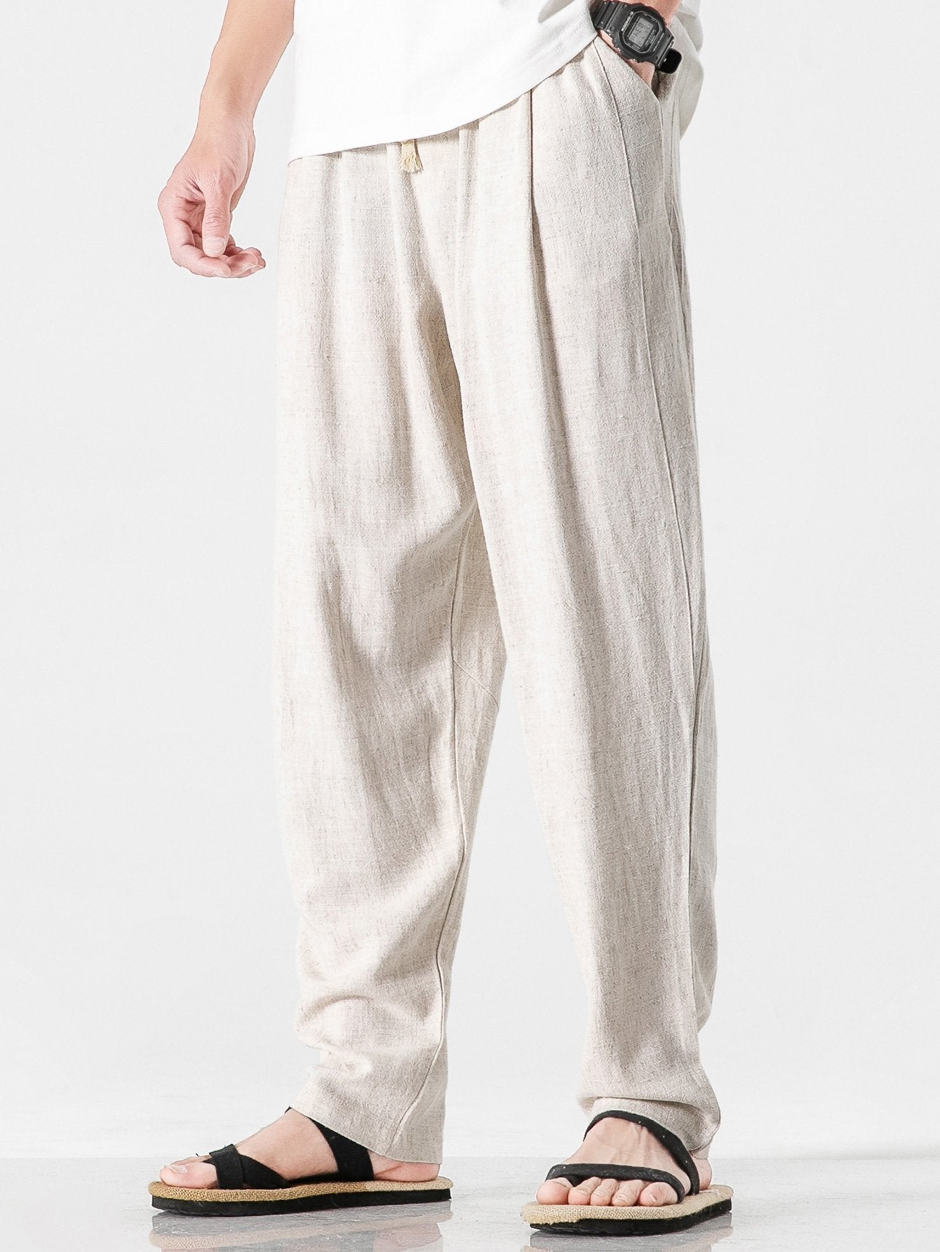 Pantalon harem coupe décontractée en lin et coton mélangés