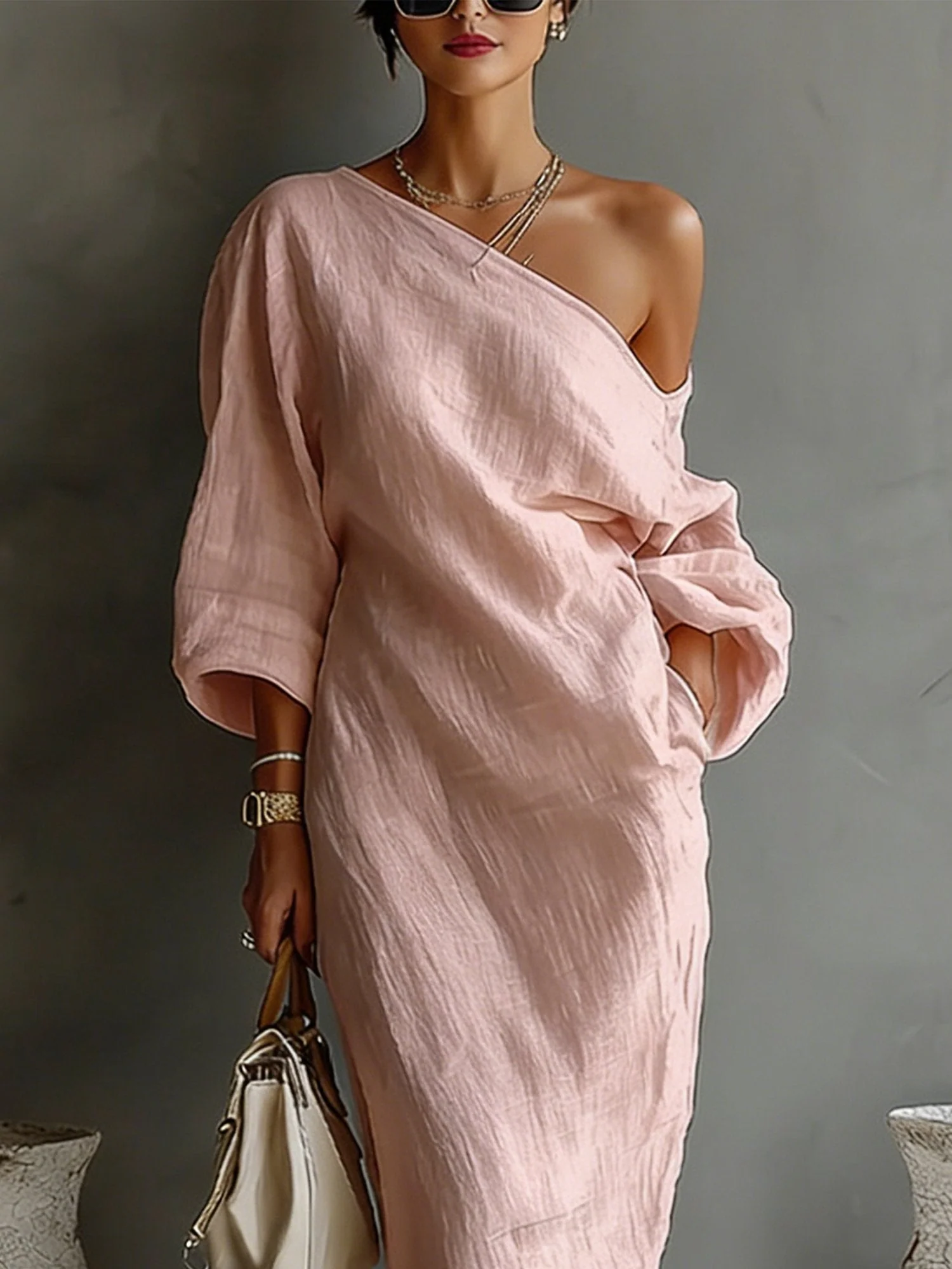 Robe Maxi en Lin à Manches Bouffantes pour Femme