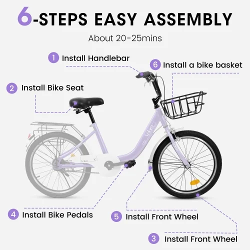 20 Inch Mountain Bicycle with Coaster Brake & V-Brake, 1-Speed, Chain Guard & Rear Rack, Lightweight Steel Frame (Pink, Green, Purple, White)